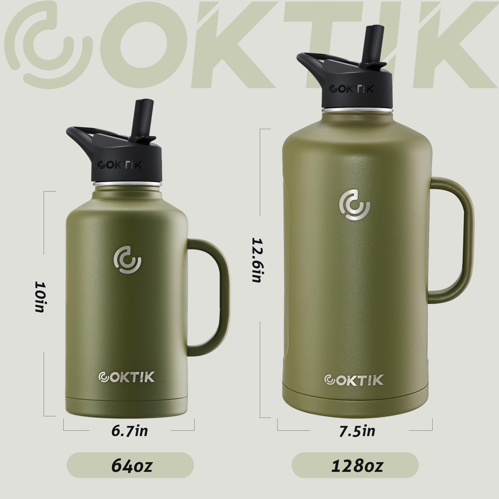Coktik 64 Oz/Half Gallon Insulated Water Bottle Jug With Straw And Handle, Double Walled Stainless