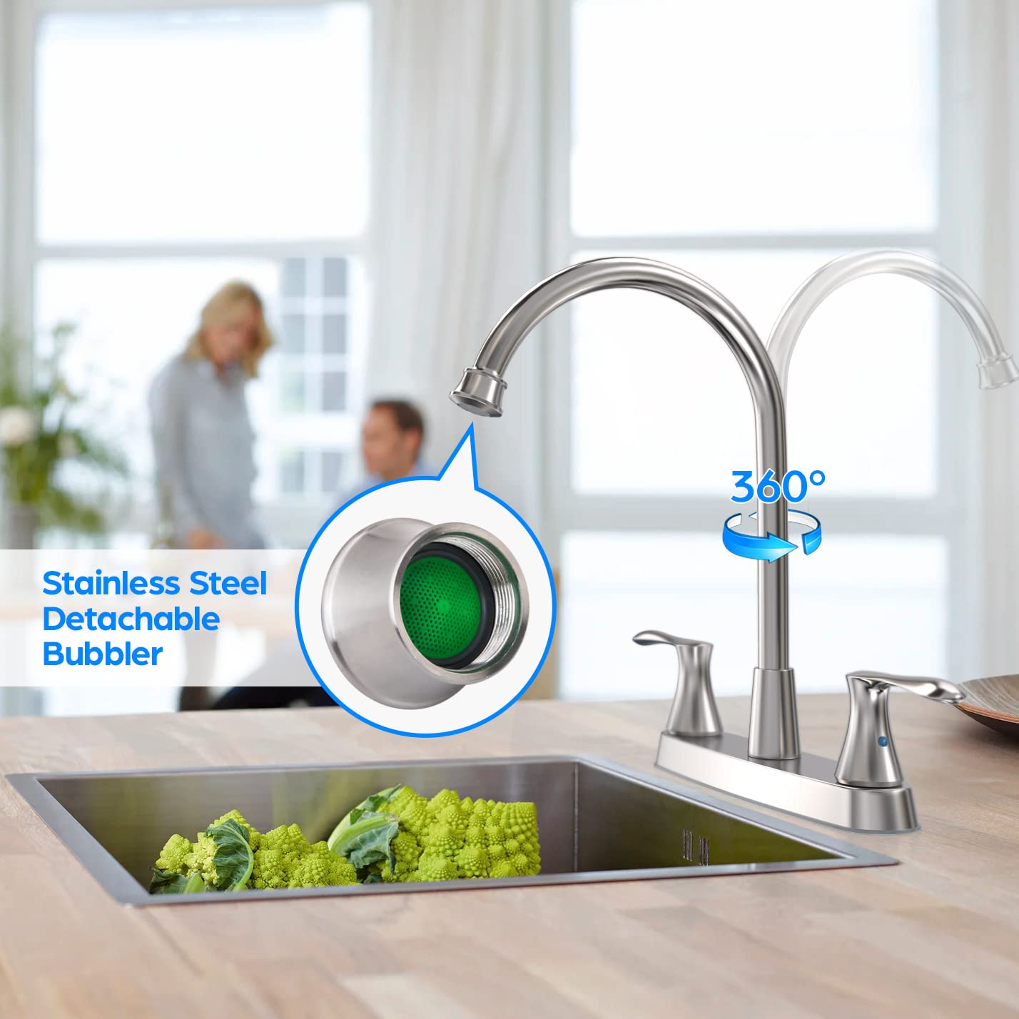 Gowin Brushed Nickel Kitchen Sink Faucet With Side Sprayer, Two Handle High Arc 4 Holes 8 Inch Centerset Stainless Steel Kitchen Sink Faucet With Pull Out Sprayer,Grifos De Cocina