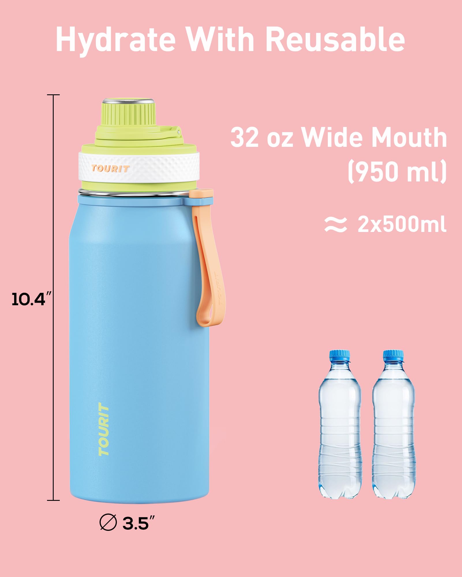 Tourit 32Oz Stainless Steel Wide Mouth Water Bottle, Double-Wall Vacuum Insulation
