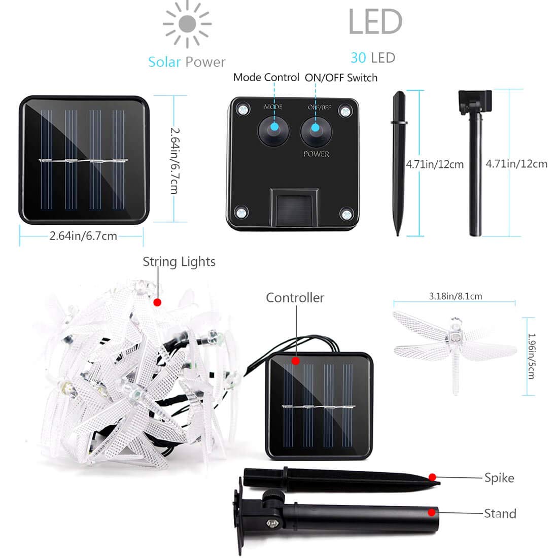 Semilits Solar String Lights 20Ft 30Led Dragonfly Shaped Waterproof Fairy Decoration Lighting For Indoor/Outdoor,Patio Christmas Party Holiday Decorations