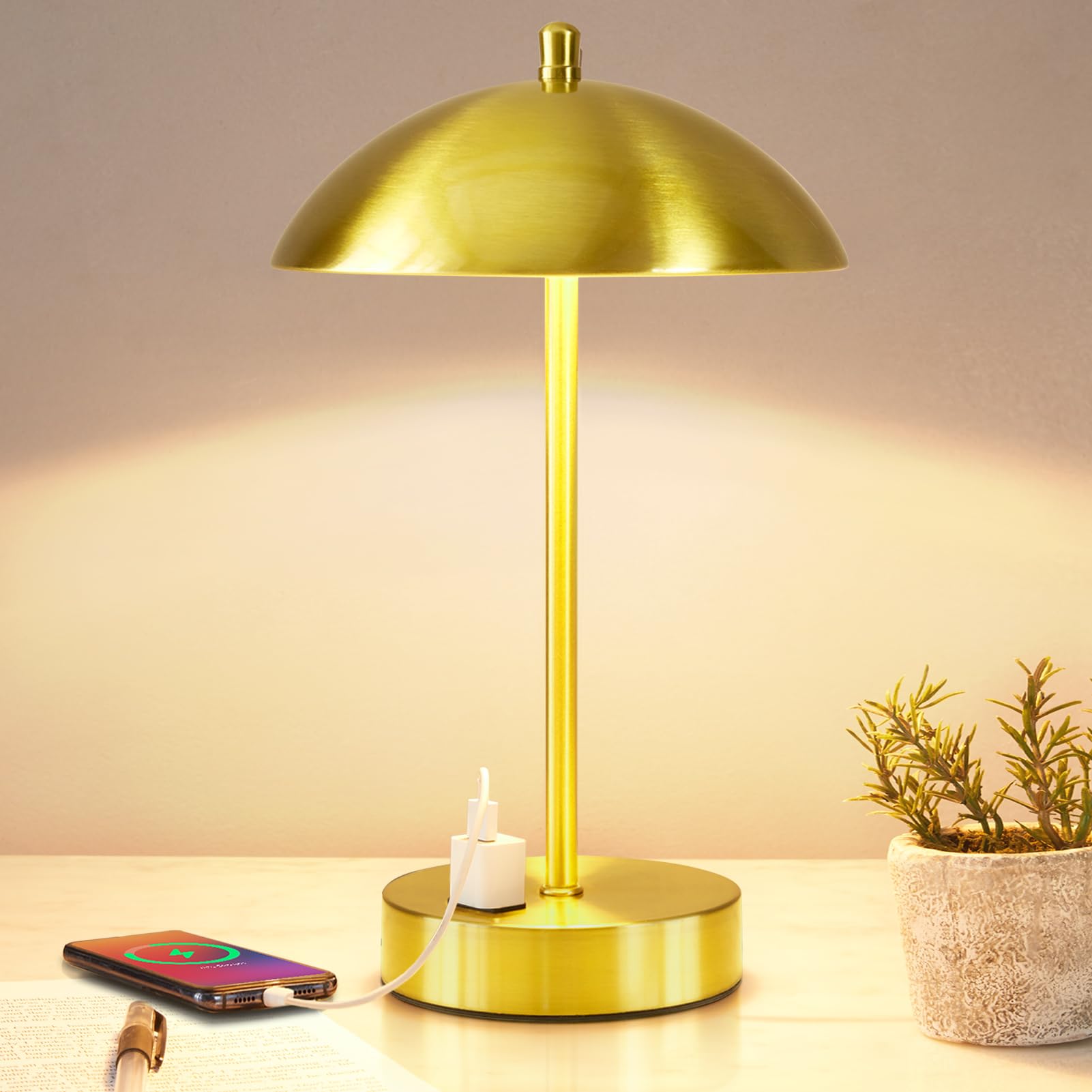 Ejiaxin Modern Led Desk Lamp With Ac Adapter,12" 3-Way Dimmable Touch Bedside Reading Lamp, Minimalist Gold Small Nightstand Table Lamp With Mushroom Dome Shade For Bedroom Living Room Office, Bulb Included