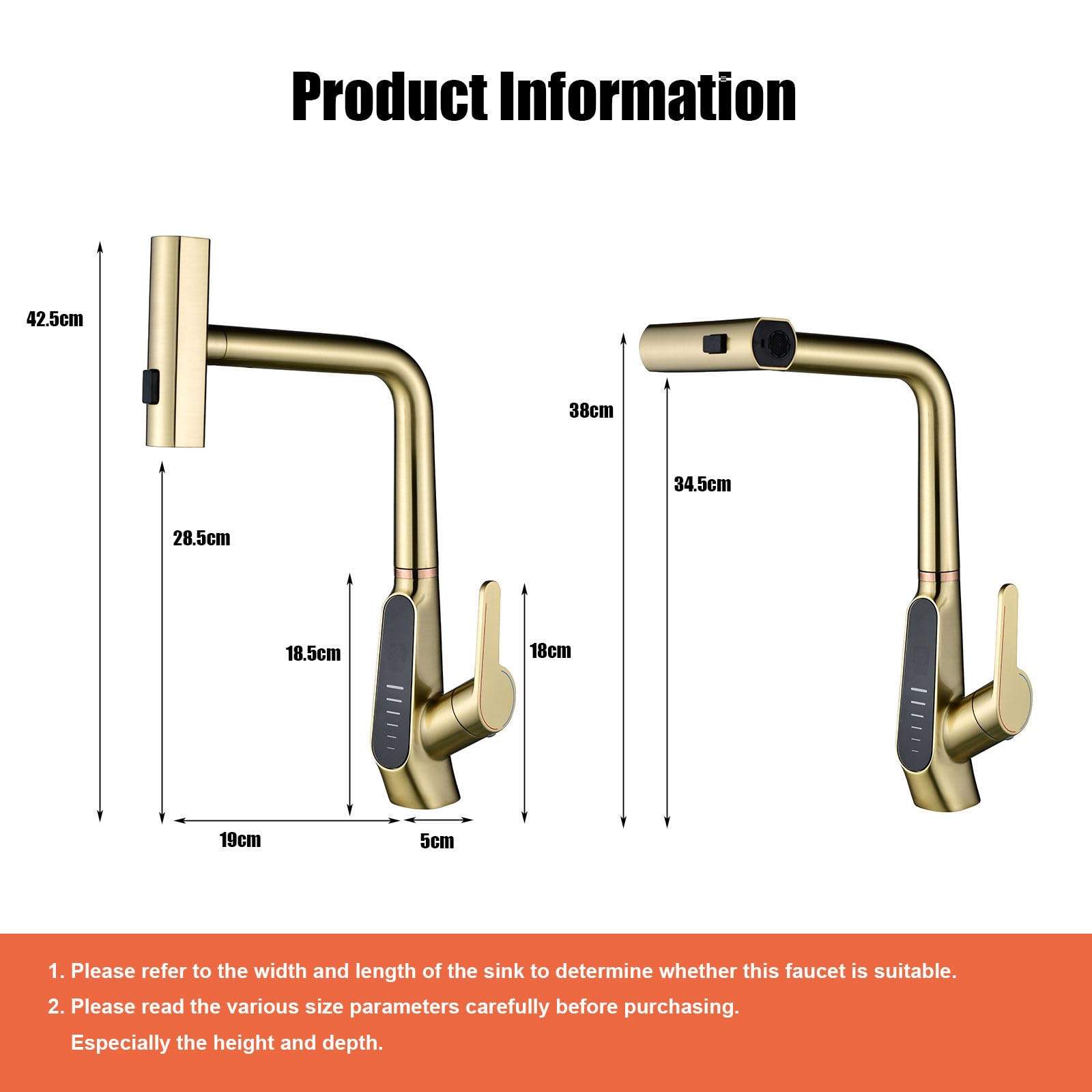 Beith Waterfall Kitchen Sink Mixer Taps With Pull Out Sprayer, 3 Modes Kitchen Sink Faucet, 360° Rotation, Digital Display, Single Lever Kitchen Tap, 59A Copper, Anti-Corrosion, Durable