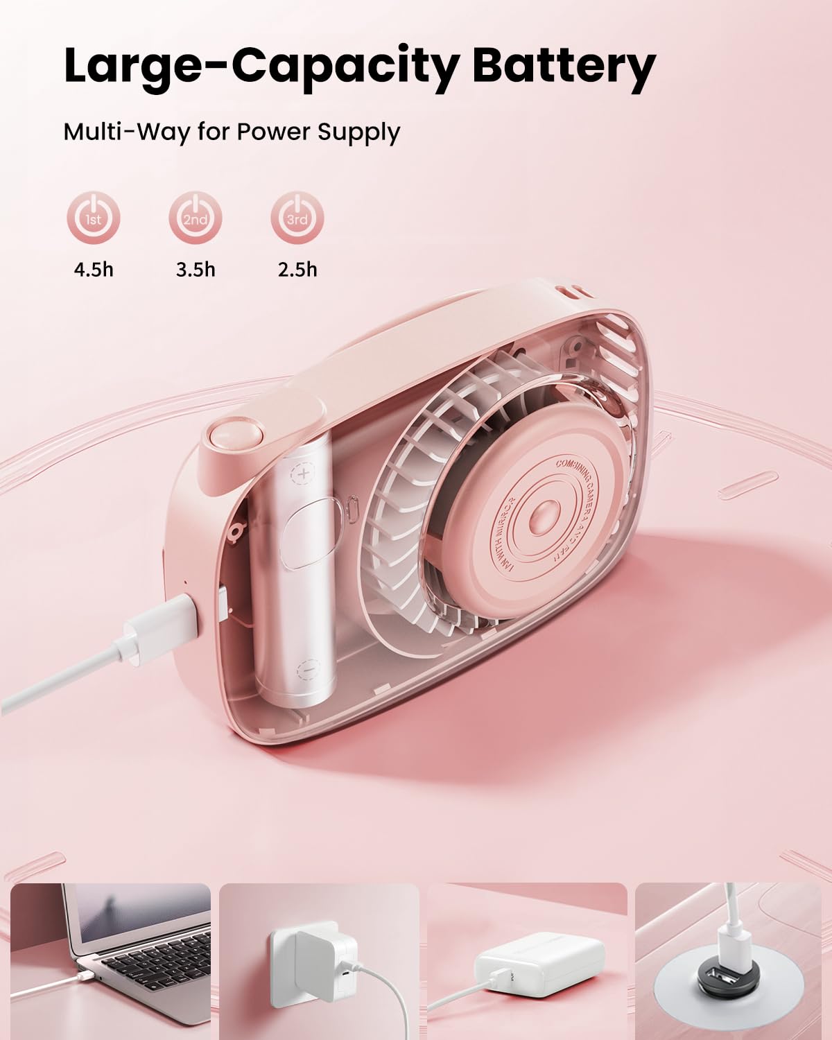 Gaiatop Mini Neck Fan, Rechargeable Led Power Display 3 Speed 360°Rotate Lash Makeup Mirror Cute