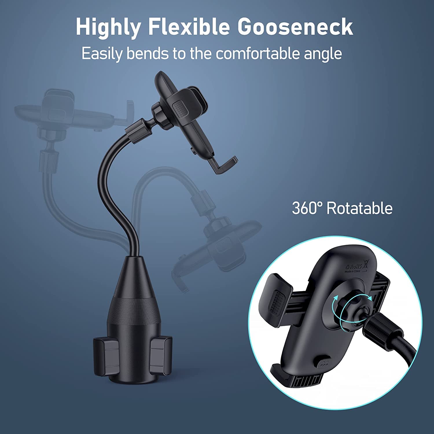Qifutan Cup Holder Phone Mount, Black, Extendable Base & Adjustable Gooseneck, Compatible With Iphone