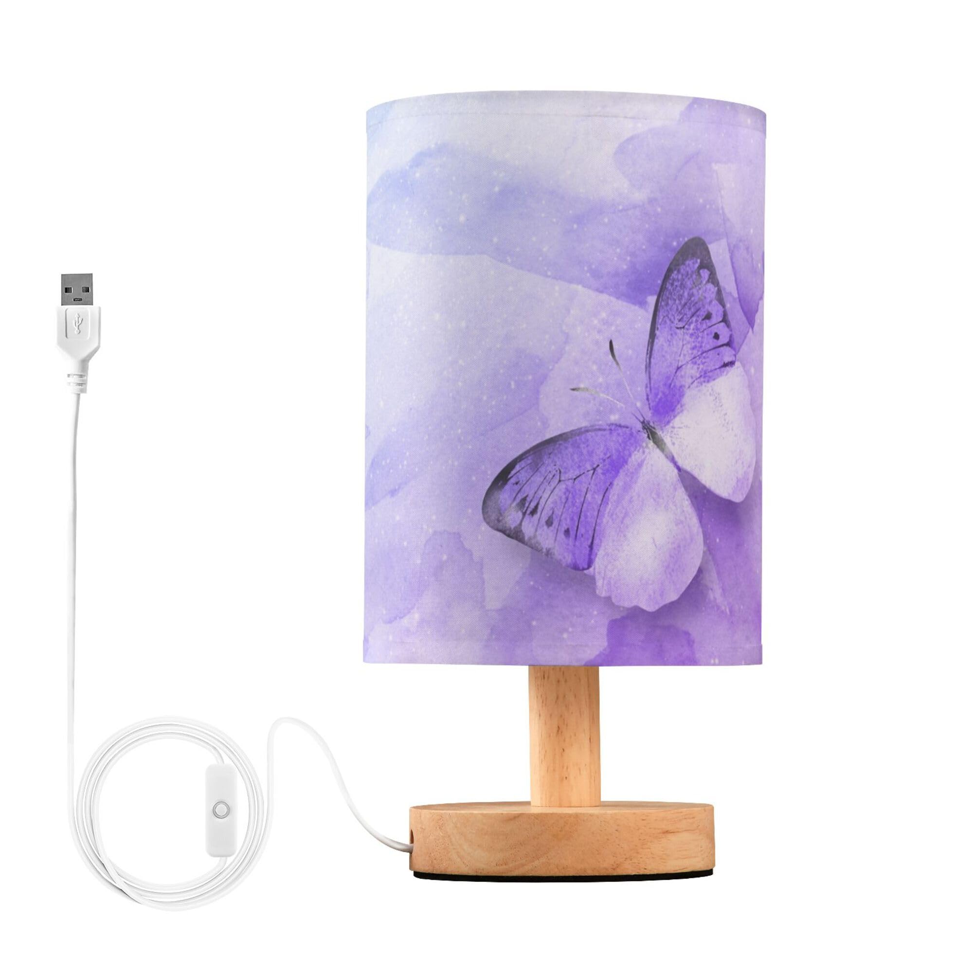 Yyzzh Table Lamp Watercolor Purple Butterfly Galaxy Nightstand Lamp With Wood Base Fabric Lamp Shade Bedside Desk Lamp For Living Room Bedroom Kids Room Office
