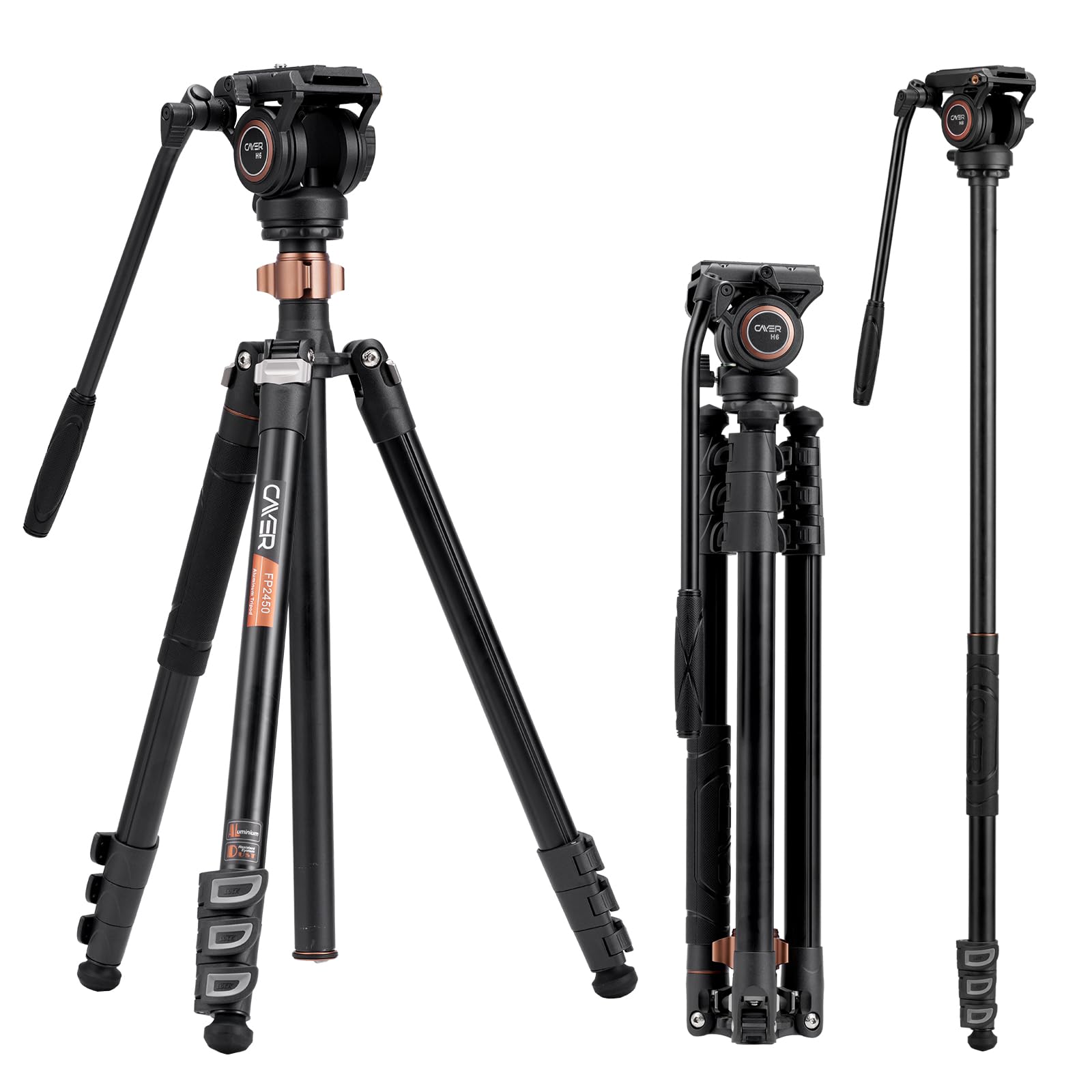 Cayer Fp2450 Fluid Head Tripod, 75 Inches Aluminium Video Tripod, 4-Section Compact Camera Tripod Monopod With Fluid Head For Dslr Camera, Camcorder, Load Capacity Up To 13.2 Pounds
