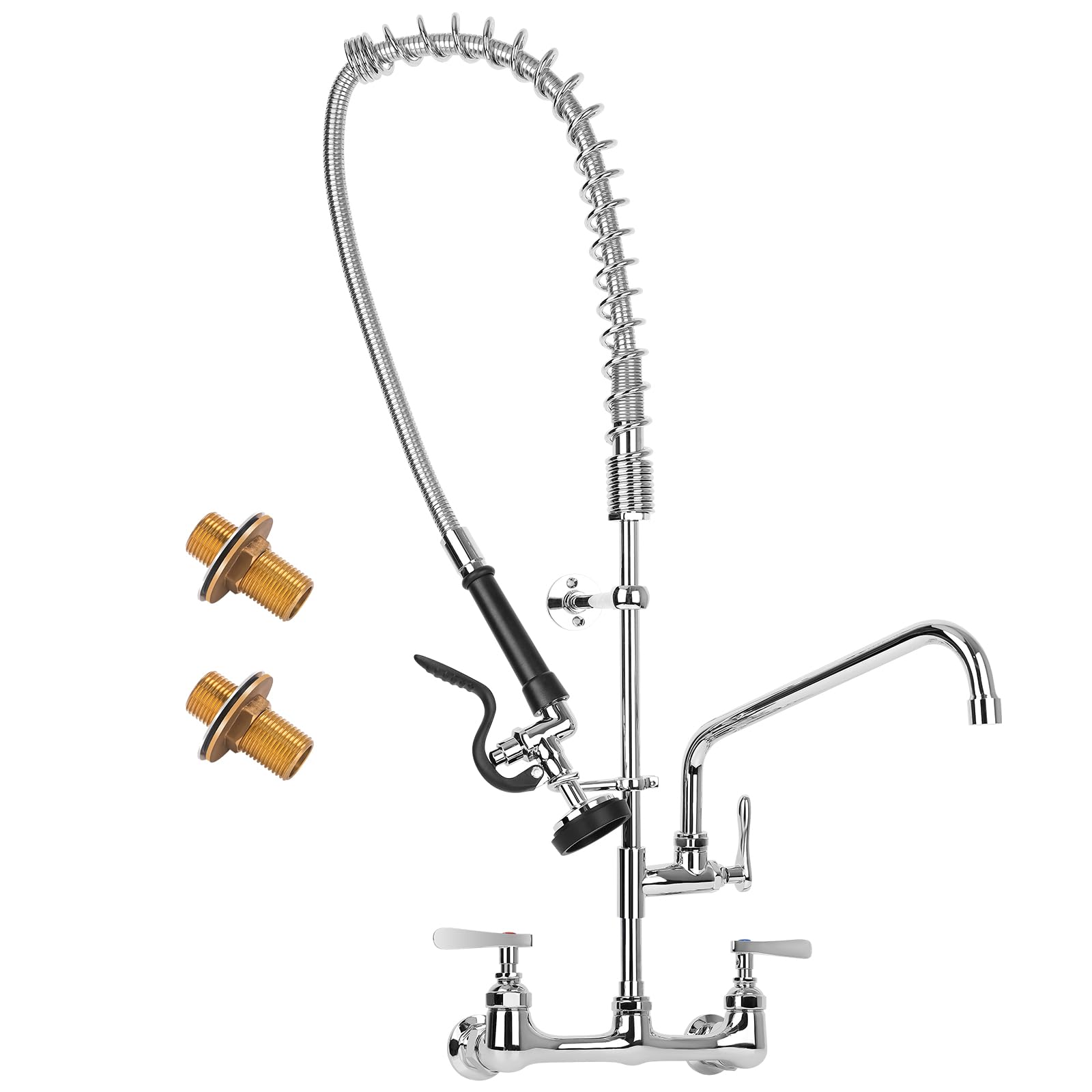 Kwode 36” Height Commercial Kitchen Faucet Wall Mount With Sprayer 8”Adjustable Center Restaurant Pre-Rinse Faucet With 12” Swing Spout And Pull Down Spray For 2/3 Compartment Sinks, Chrome Polished