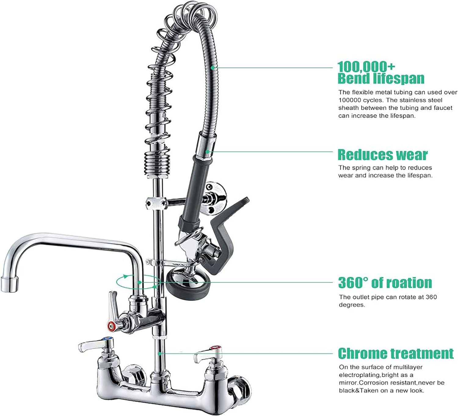 Bestjeef Commercial Wall Mount Kitchen Sink Faucet Brass Constructed Polished Chrome Pre-Rinse Device 25" Height 8" Center With Spring Pull Down Sprayer And 12" Add-On Spout (25 Inches)