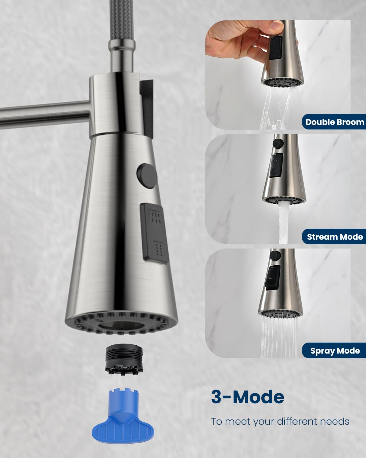 Ajo Bend Wall Mount Kitchen Faucet 2 Handles, 8 Inch Center Wall Commercial Utility Sink Faucet With Pull Out Sprayer 3 Modes, Stainless Steel, Brushed Nickel