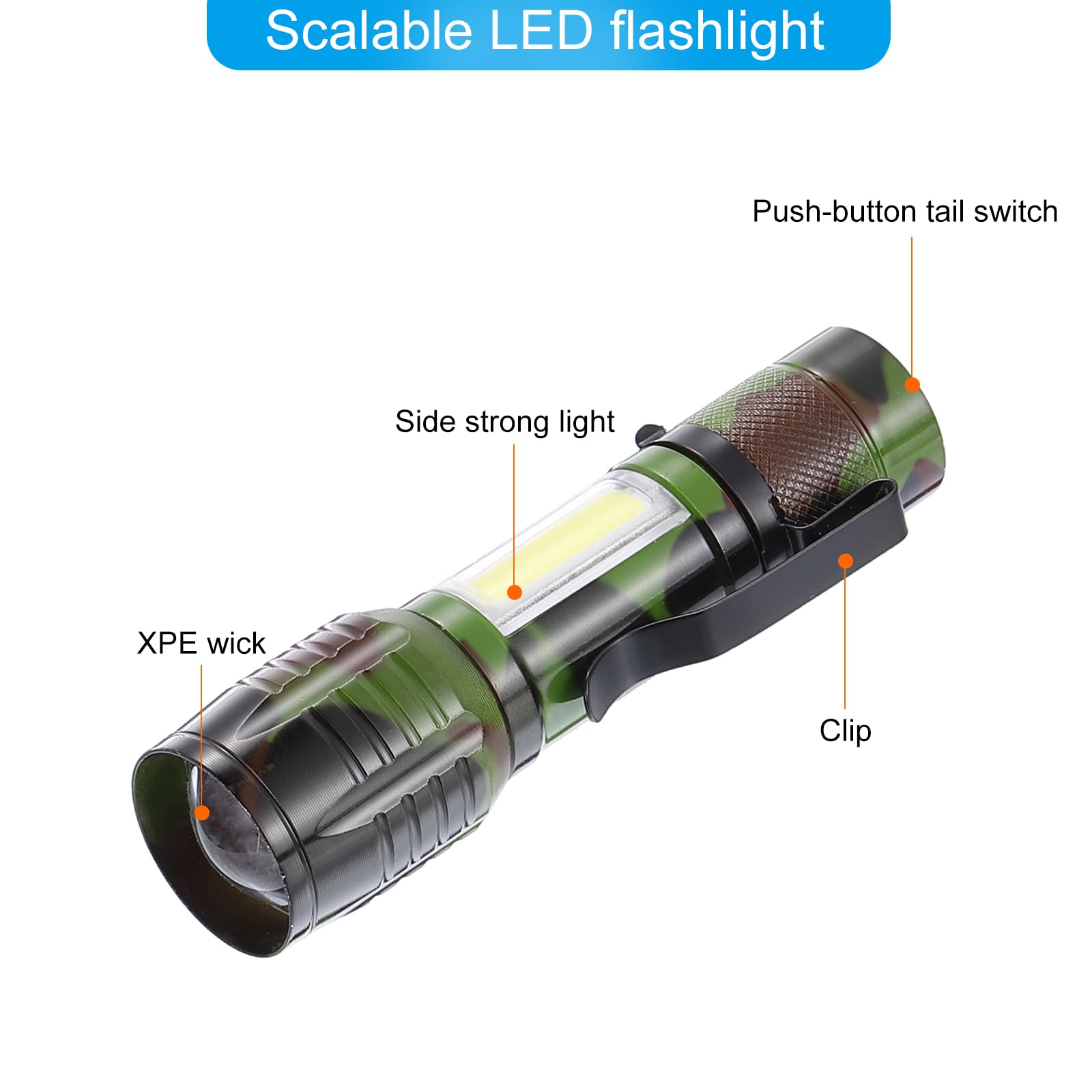Patikil Scalable Led Flashlight, 2 Set 3 Mode High Lumens Led Flashlight Aluminum White Light Torch Usb Rechargeable For Hiking Camping, Camouflage Green