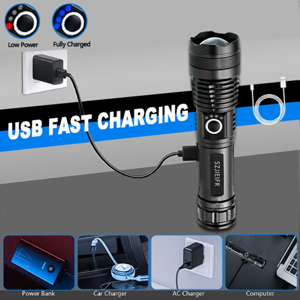 Szjieifr Led Rechargeable Utility Flashlight, 18650 Zoomable Flashlight With 5 Modes, Super Bright Long-Range Torch, Usb Fast Charging For Camping, Hiking, Emergency & Hurricane Supplies