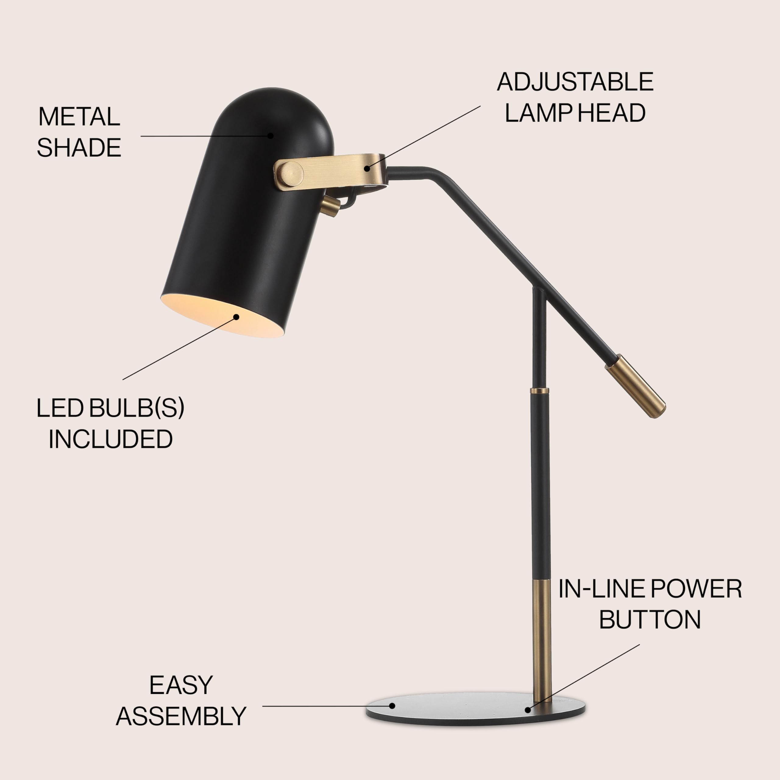Jonathan Y Jyl6116A Edison 19.25" Metal Led Task Lamp Contemporary For Bedroom, Living Room, Office, College Dorm, Coffee Table, Bookcase, Black/Brassgold