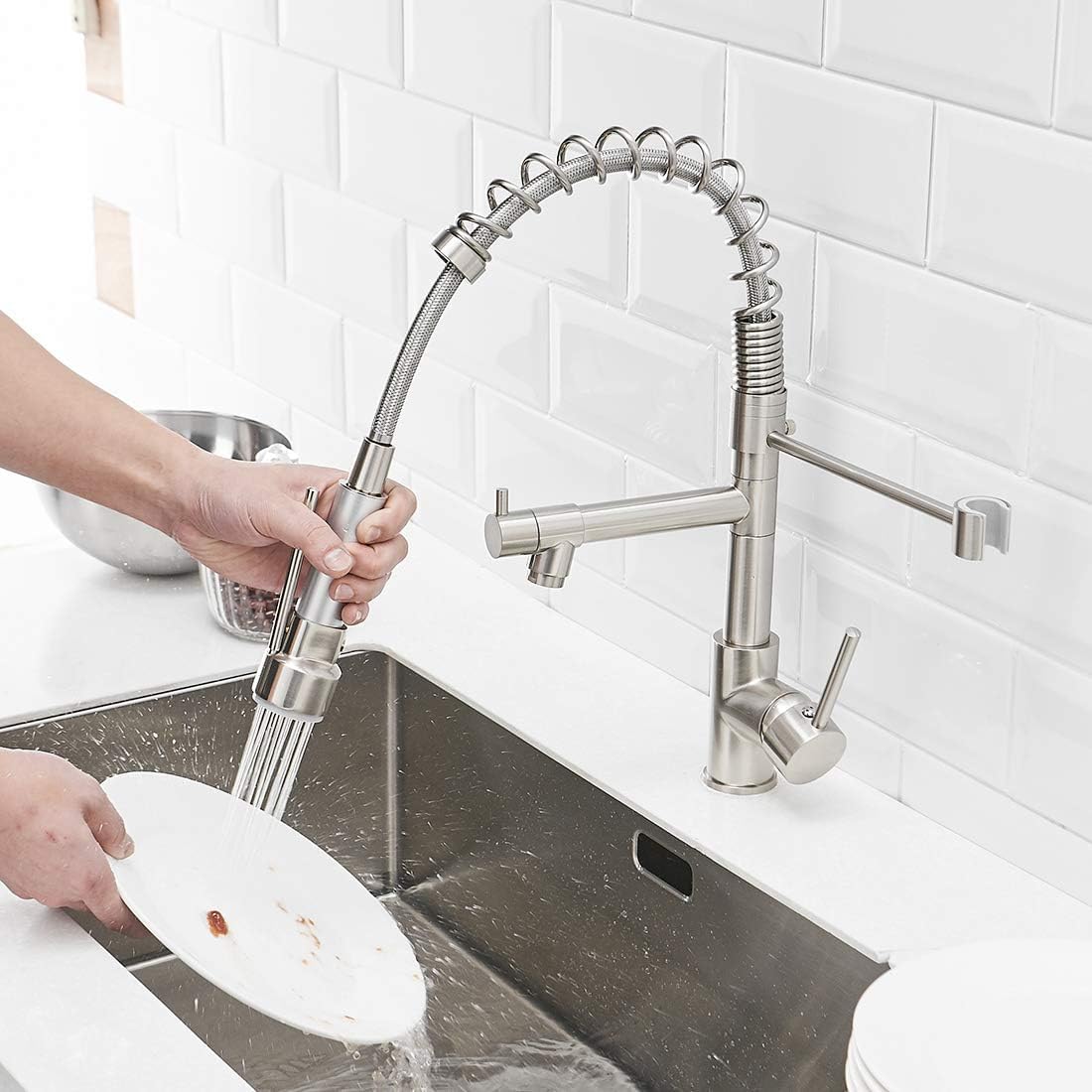 Wanmai Kitchen Faucet Pull Down Bar Sink Faucet Pullout Sprayer Brushed Nickel Stainless Steel Touch On Water-Efficient & Drip- Kitchen Sink Faucets Farmhouse Laundry Camper Utility