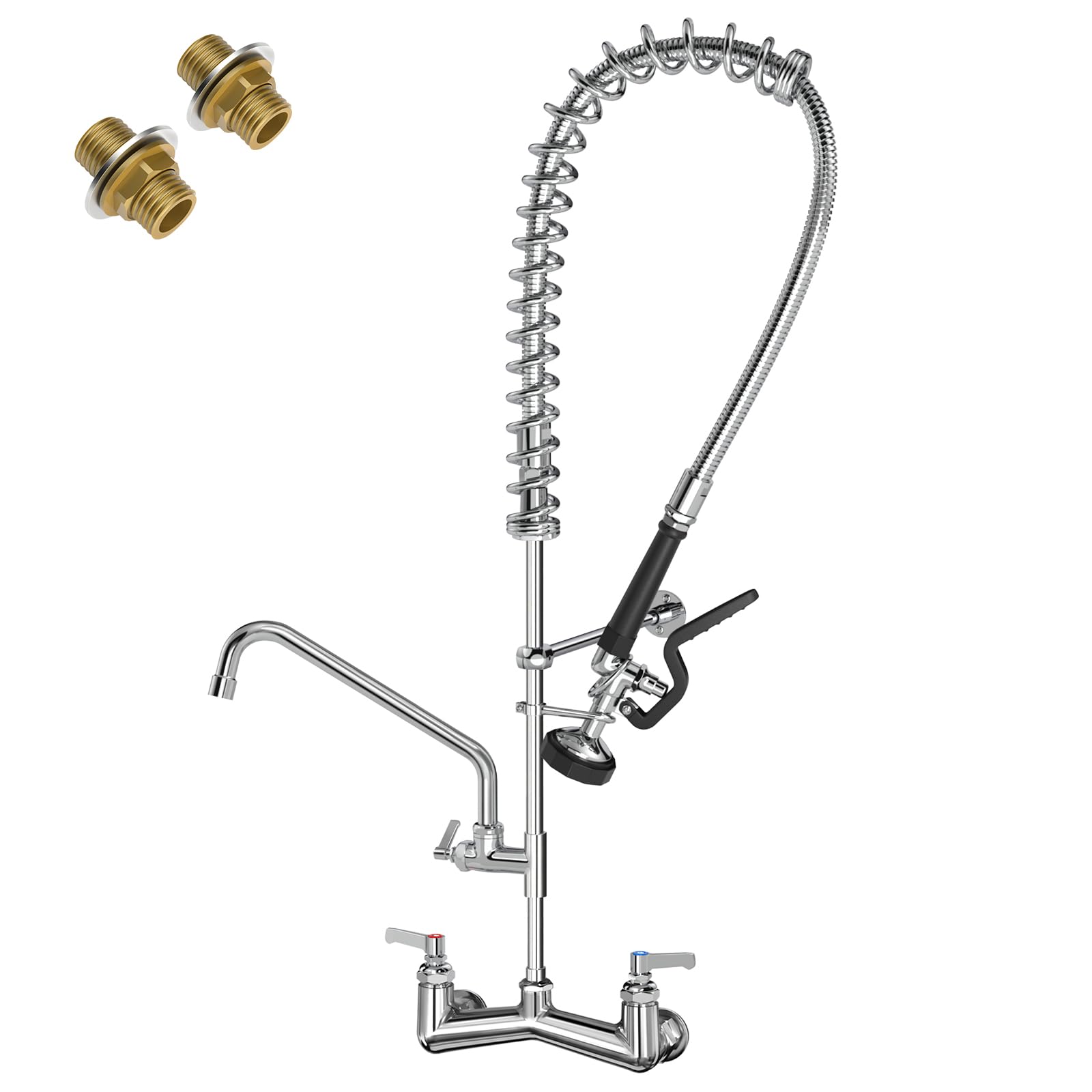 Fauaid Commercial Sink Faucet With Sprayer 36"Height 8"Center Brass Constructed Wall Mount Commercial Kitchen Faucet With Pull Down Pre-Rinse Sprayer And 12" Swing Spout For 2/3 Compartment Sink(36")