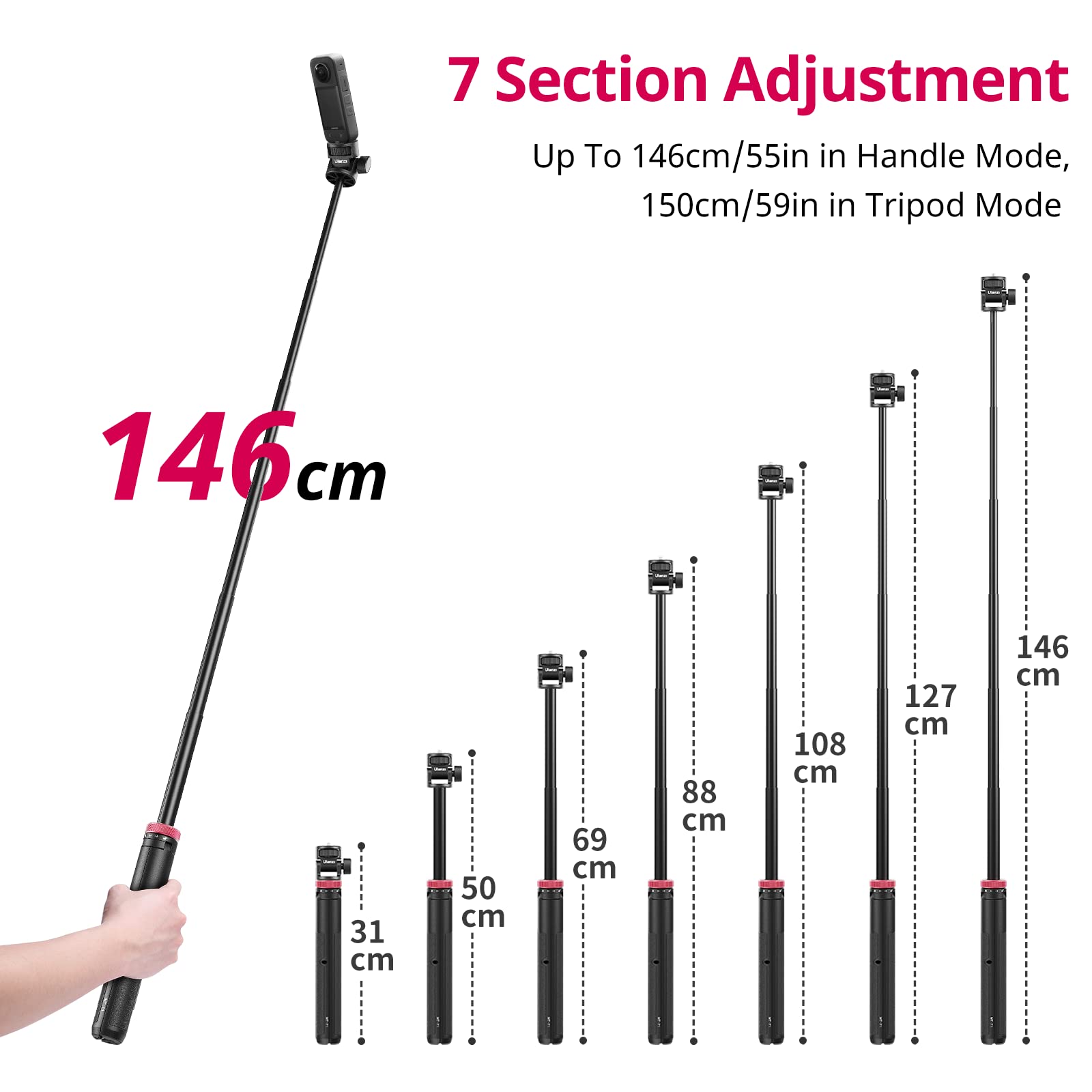 Ulanzi 59In Selfie Tripod For Camera - Mt-71 Invisible Long Extendable Selfie Vlog Handle Portable Lightweight Tripod Stand 7 Sections For Action Cameras