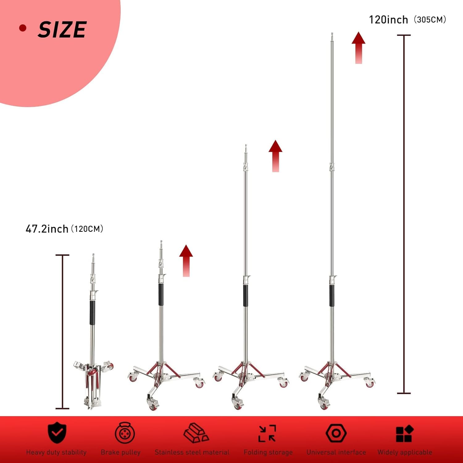 Youtin Rolling Light Stand With Casters, Heavy Duty Adjustable Tripod Stand, 100% Stainless Steel, Wheeled Base For Studio Softbox, Monolight, Reflector, Max Height 10Ft/305Cm