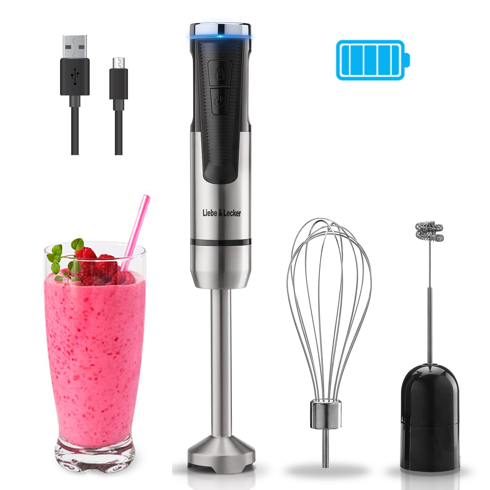 Liebe&Lecker Cordless Hand Blender, Immersion Blender Handheld Usb Rechargeable 8 Variable Speeds With Whisk, Milk Frother Attachments, Portable Stick Mixed For Milkshakes, Smoothies & Soups.
