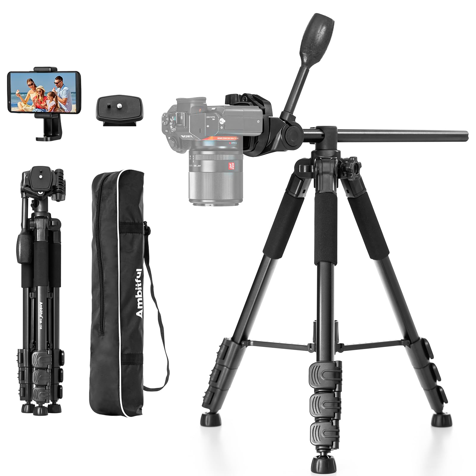 Ambitful 62" Professional Camera Tripod, Black - Removable Horizontal Mount For Dslr/Phone/Camcorder/Spotting Scopes, Tall Video Recording