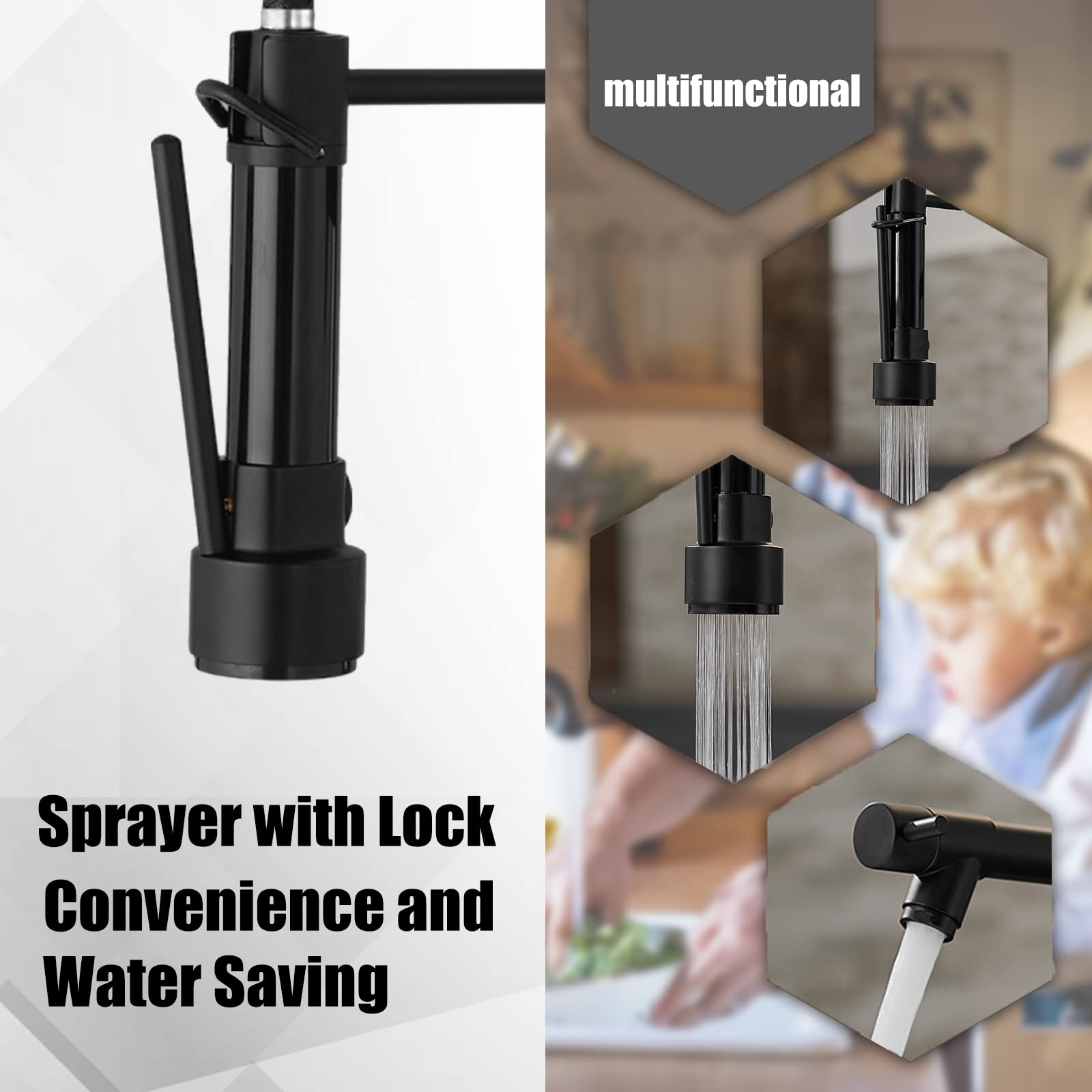 Greenspring Matte Black Kitchen Sink Faucet With Sprayer Commercial Single Handle High Arc Spring Kitchen Faucet With Cover Plate