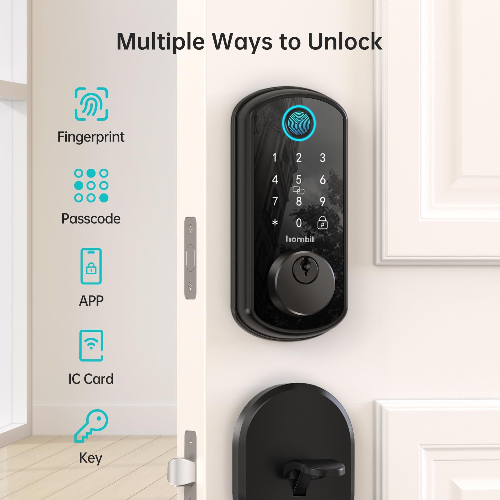 Hornbill Smart Wifi Front Door Lock: Keyless Entry Fingerprint Deadbolt - Alexa Bluetooth Electronic Keypad Door Locks For House Apartment Auto Lock App Remote Control Black