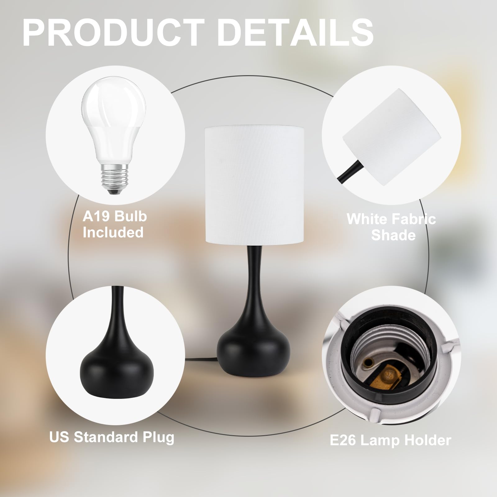 Qingjiamen Touch Lamps For Nightstand, Gold Bedside Lamp Touch Control For Bedroom With Linen Shade, Mid Century Modern 13 Inch Small Table Lamp (Black Round - 1Pack)