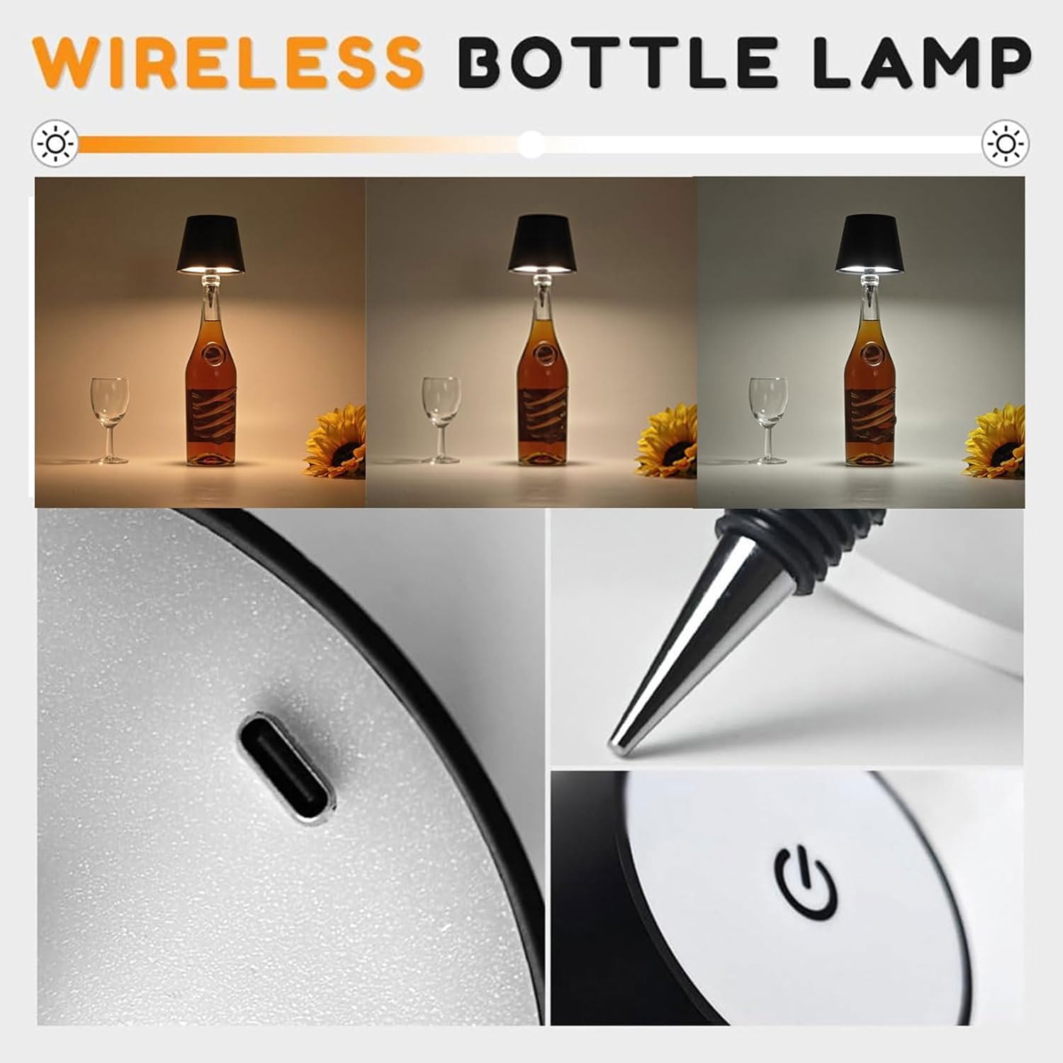 Genyerl Wireless Bottle Lamp, 3 Color Stepless Dimming Wireless Bottle Lamp,Cute Embed Touch Control Portable Rechargeable Desk Lamp For Living/Bedroom/Restaurant/Bar(Silvery)