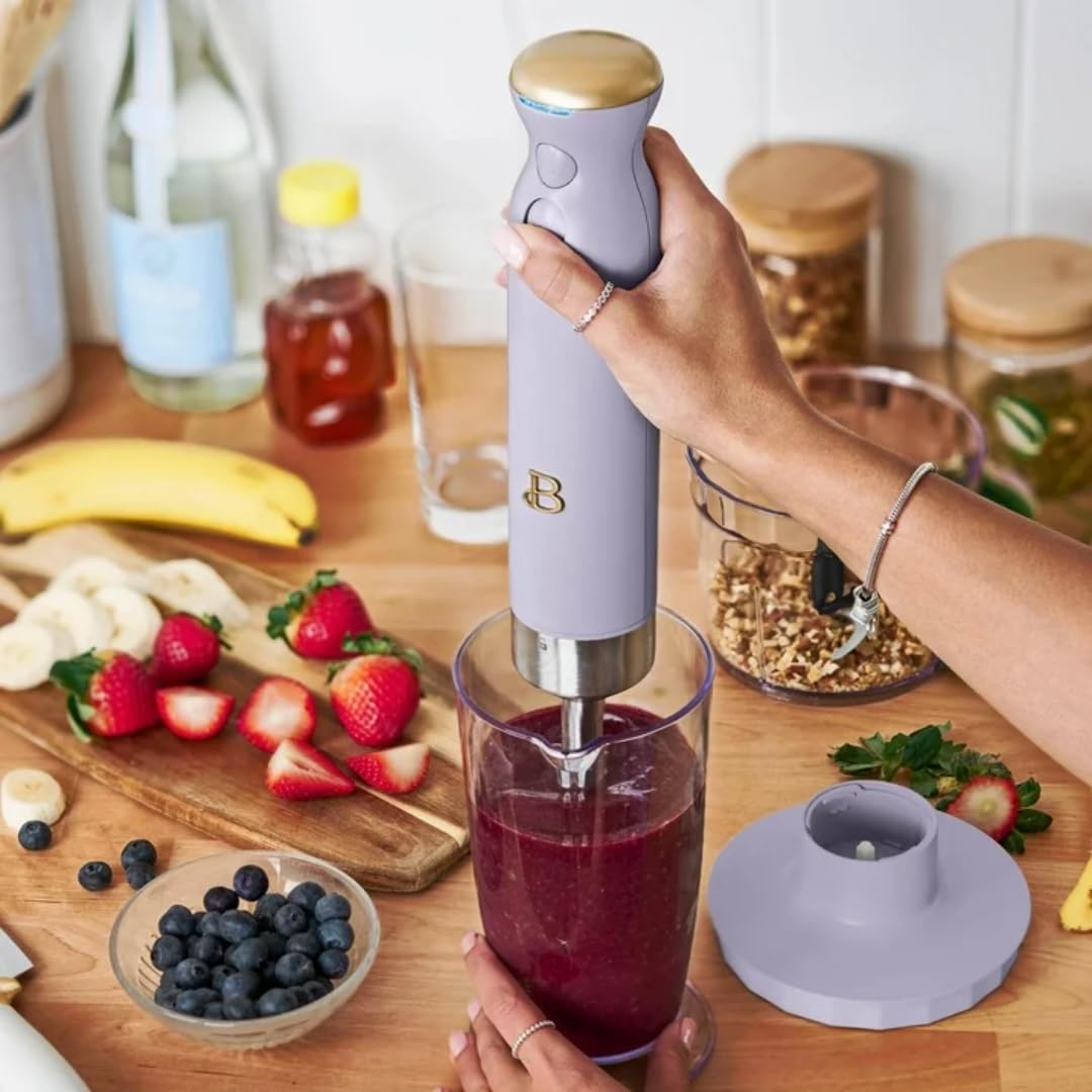 Uniqus Beautiful Cordless Immersion Blender, 2-Speed Handheld Mixer With Attachments, Stainless Steel Shaft, Rechargeable Battery (Lavender)