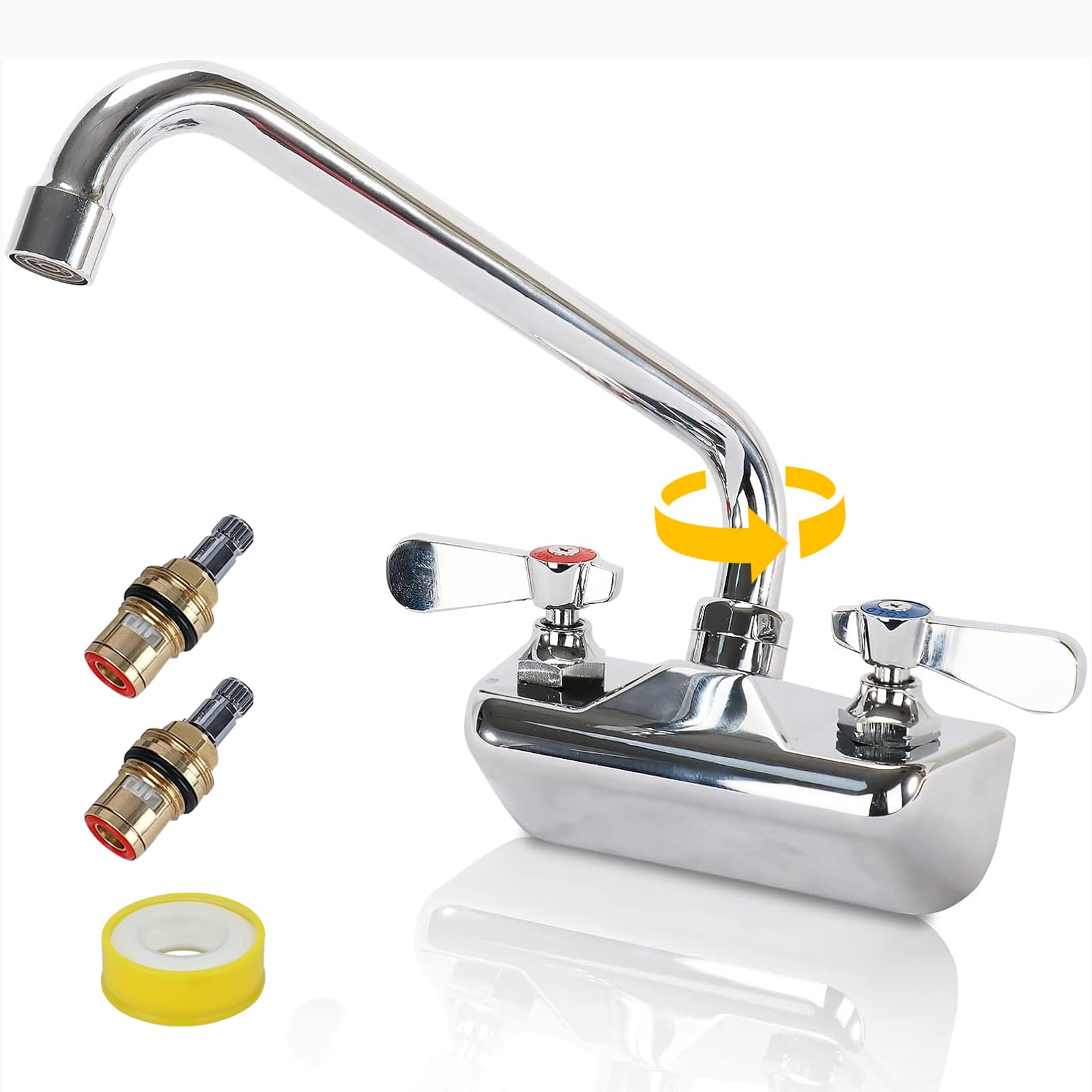 Zkdausdo 4 Inch Center Commercial Sink Faucet Wall Mount With 10" Swivel Spout & Ceramic Valve, Kitchen Hand Sink Faucet, 1/2" Npt Male Inlet, Brass Constructed & Chrome Polished, Dual Lever Handles