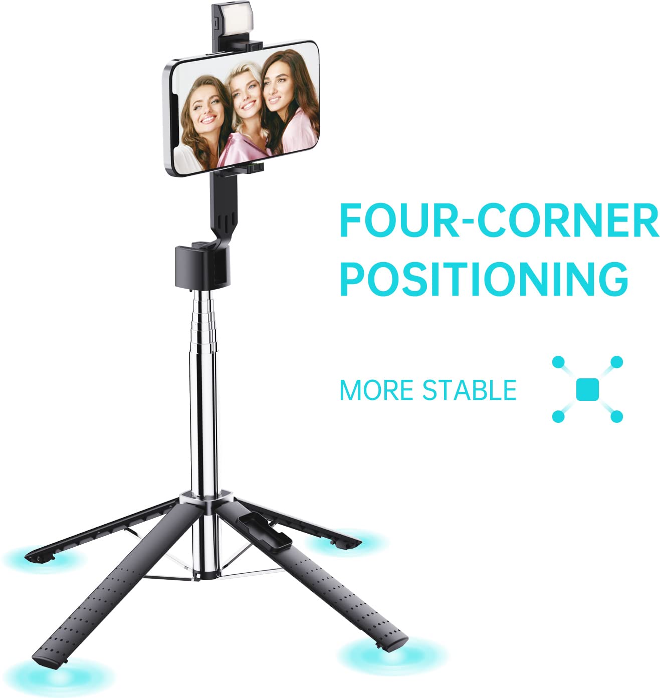 Ambertronix 40” Selfie Stick Tripod Quadrapod, Onboard Light, Wireless Bluetooth Remote, Extendable, Stainless Steel, 3 Light Modes, 9 Brightness Levels, Compatible With All Iphone & Android Devices