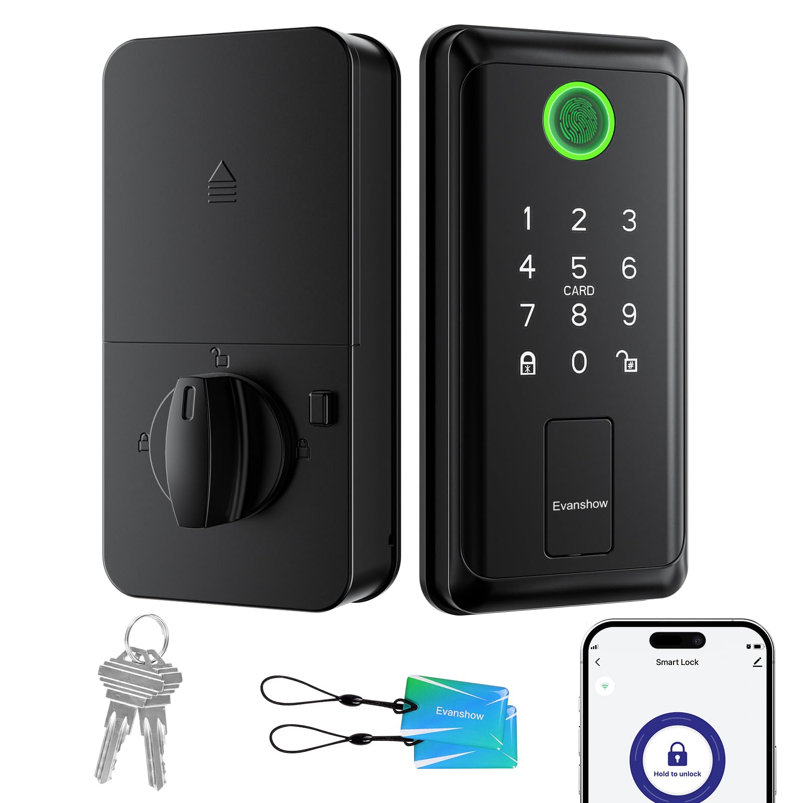 Evanshow Smart Door Handle Lock With Keypad- Keyless Entry Door Lock For Front Door - 6-In-1 Biometric Deadbolt With Built In Wifi- Door Locks For Front Door-Easy Installation
