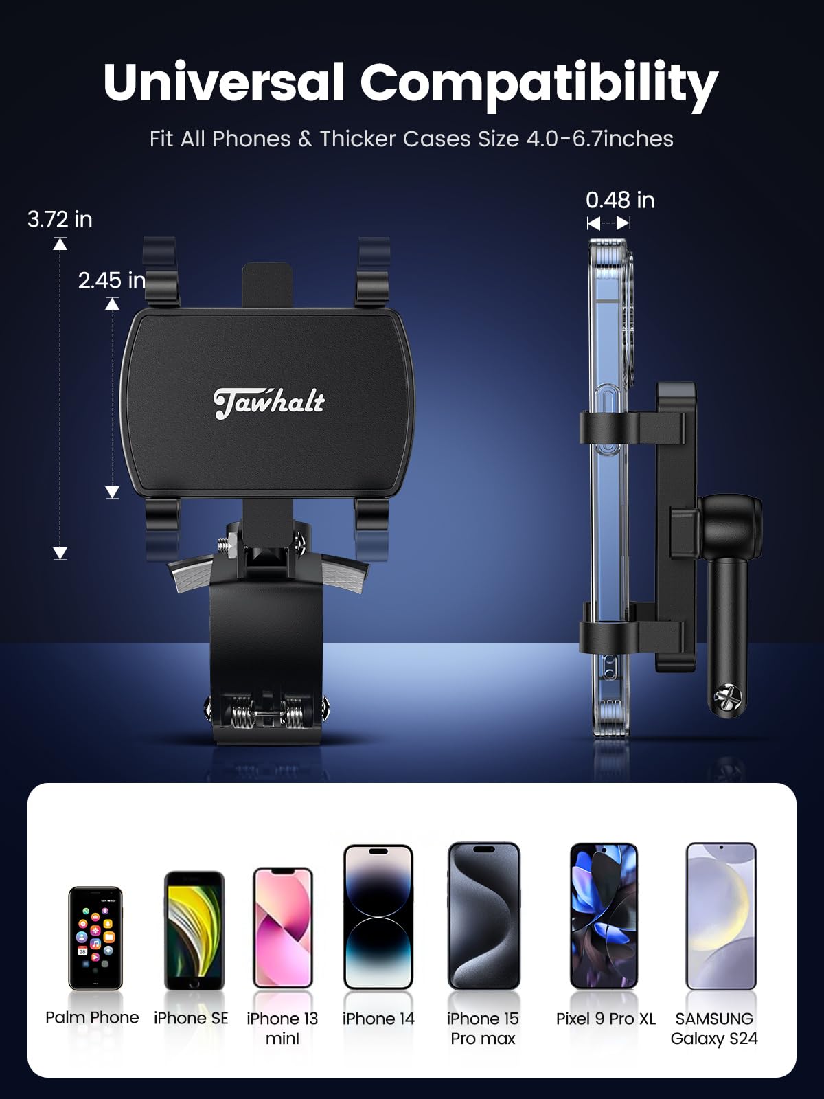 Jawhalt Car Phone Holder For Dashboard Cell Phone Mount For Car 360 Degree Rotation Clip Design Compatible With All Cell Smart Phones.
