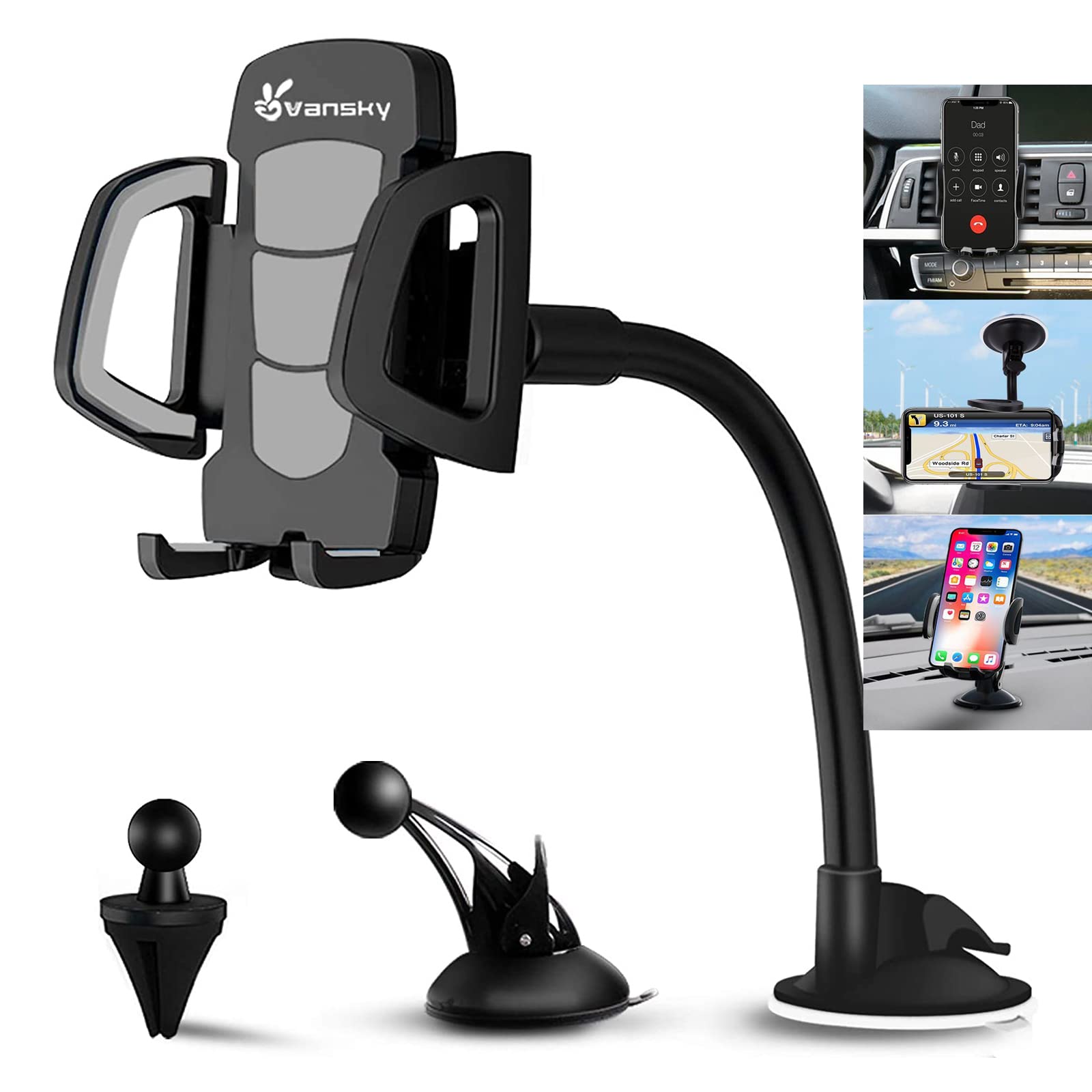 Vansky Car Phone Holder Mount, 3-In-1 Universal Cell Phone Holder Car Air Vent Holder Dashboard Mount Windshield Mount Fit For Iphone 16 15 14 13 Pro Max, Samsung S24 S23 Lg Sony And More