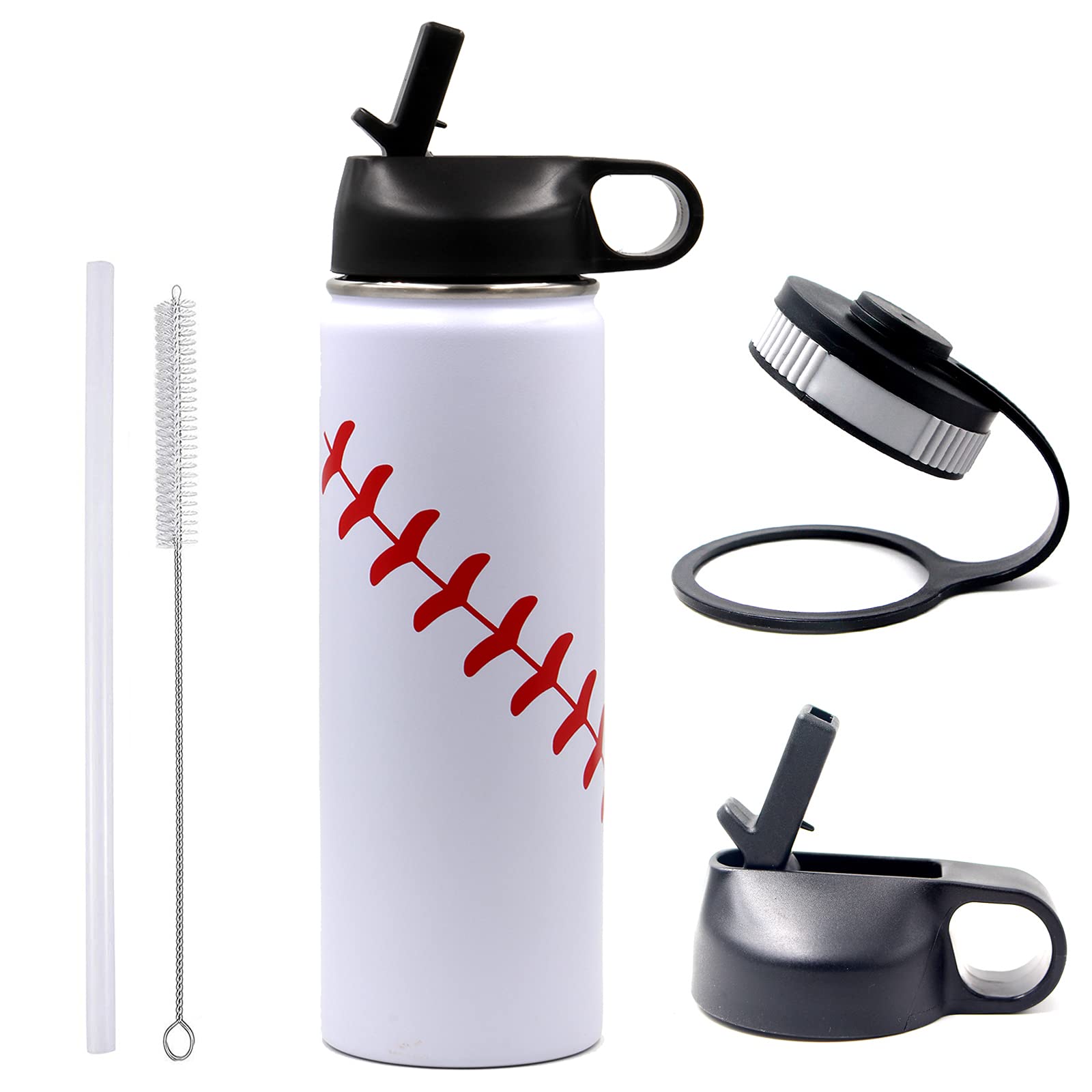 22 Oz Baseball Water Bottle, Flask Sports Metal Thermo Tumbler With 2 Lids, Stainless Steel Double