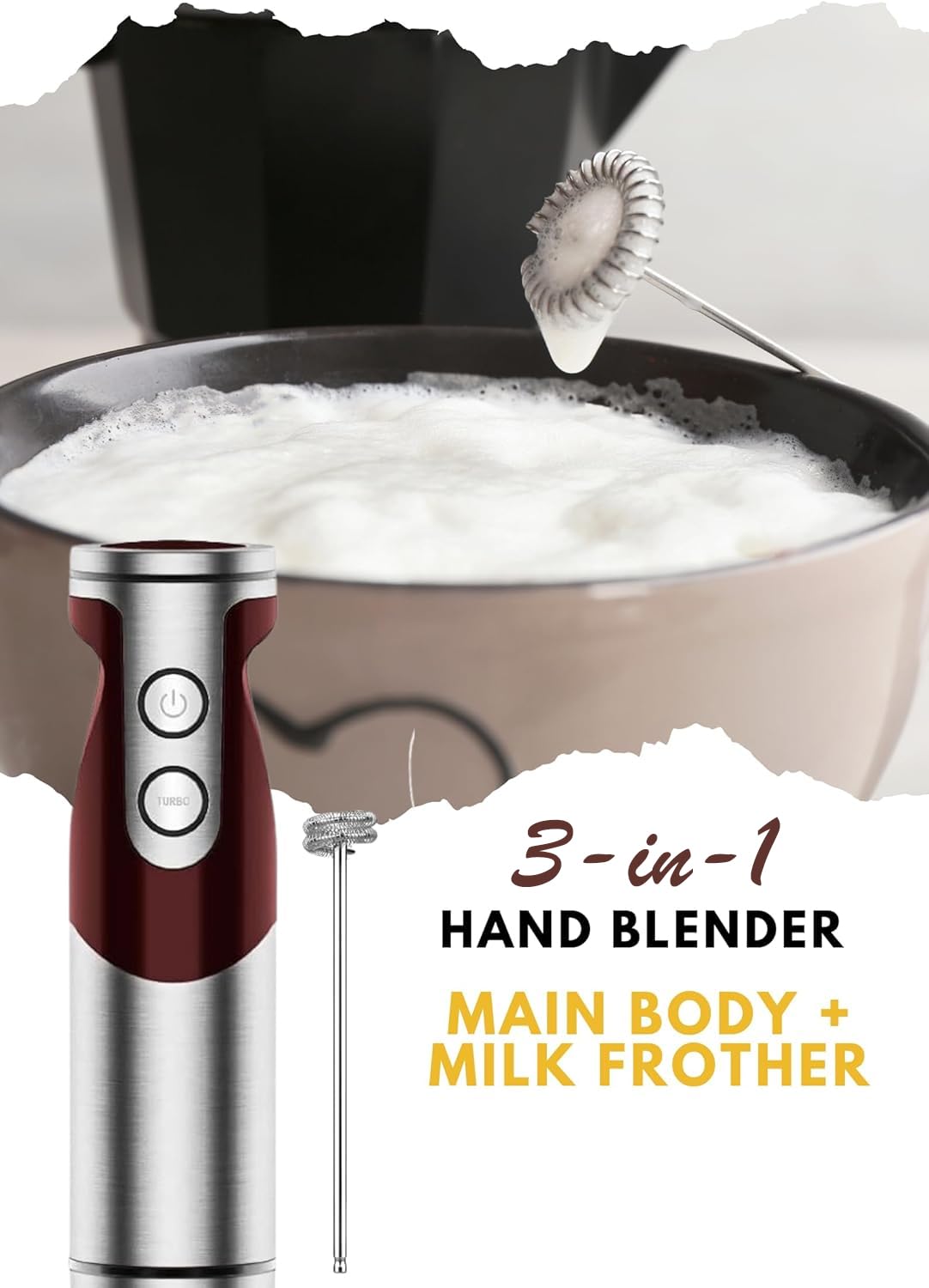 Megawise 3-In-1 Hand Blender Set With Variable Speed Control, 400W Immersion Blender Includes Whisk, Milk Frother, Chopper, And Beaker For Smoothies, Soups, And Baby Food (Red)