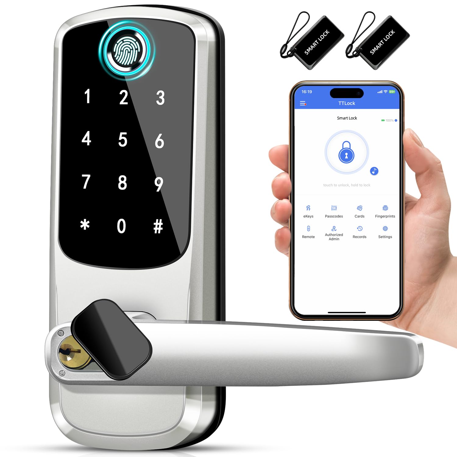 Msr X6 Smart Door Lock With Handle,Keyless Entry Door Locks, 8-In-1 Fingerprint Keypad Exterior Lock - Smart Locks For Front Door - Digital Electronic Smart Lock With Code & App Control (Silver)