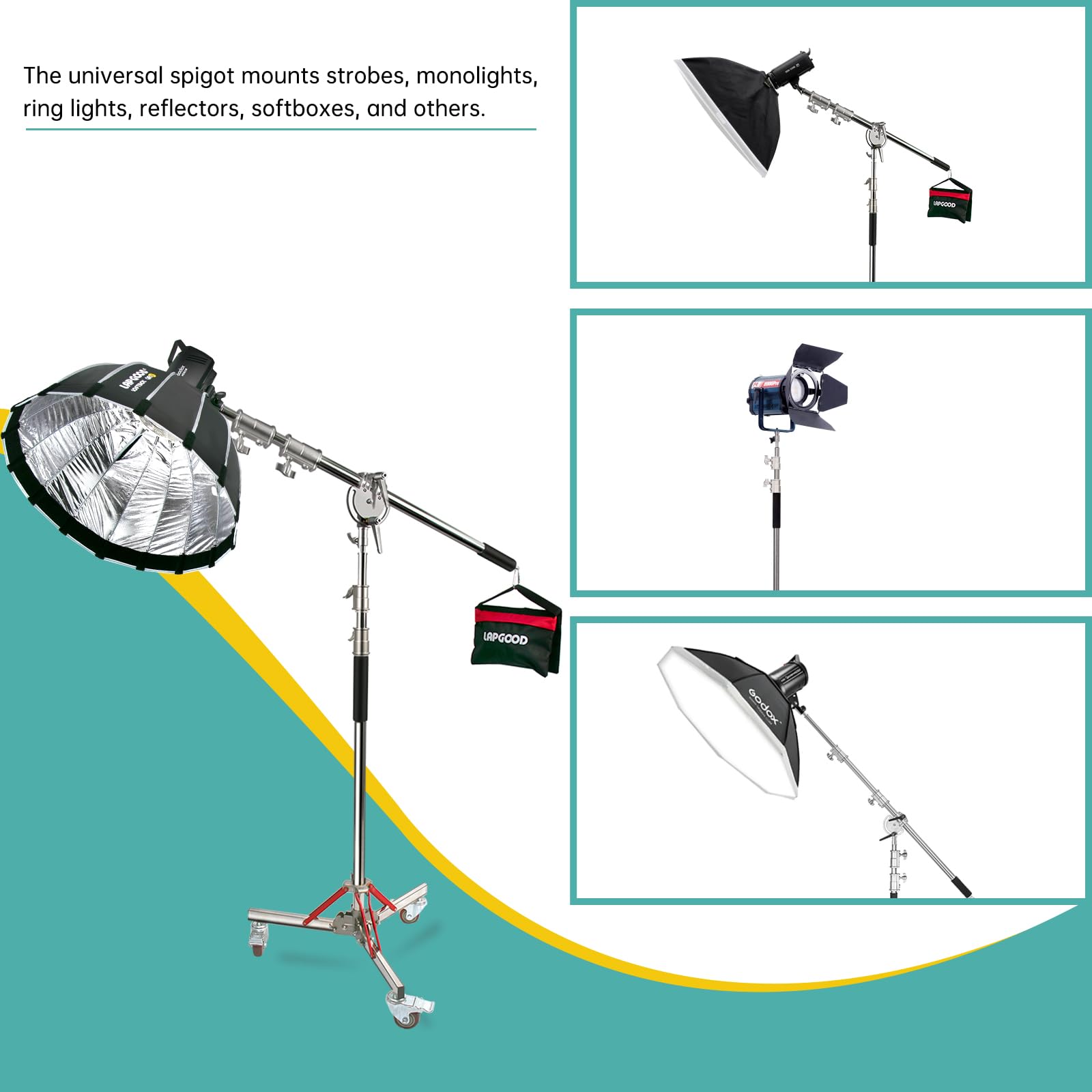 Youtin Heavy Duty Light Stand With Casters And Boom Arm, Adjustable Tripod Stand Stainless Steel,Photography Wheeled Base Stand For Studio Softbox, Monolight, Reflector