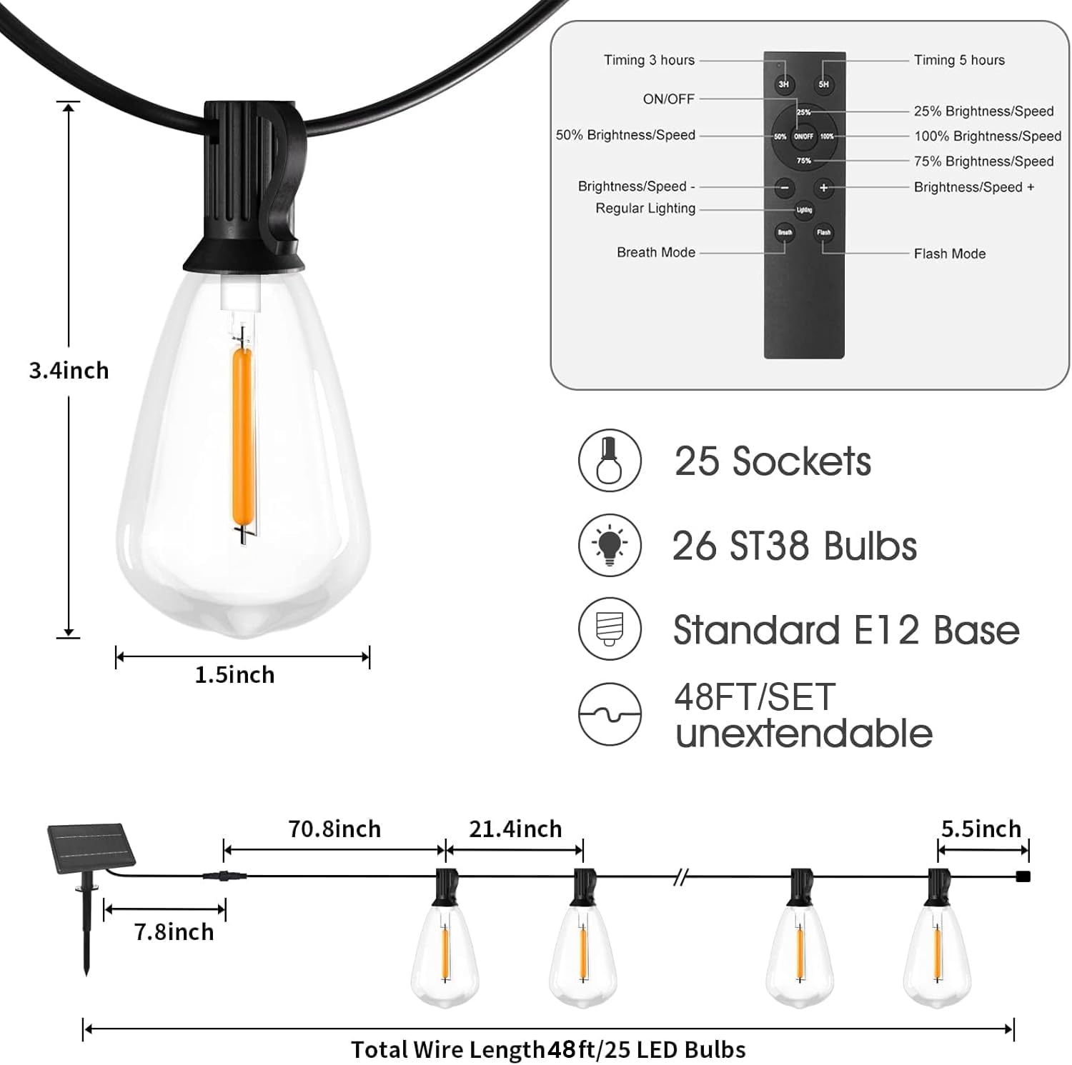 Rtty Solar String Lights Outdoor Waterpoof 50Ft With 25Pcs Dimmable Shatterproof St38 Vintage Bulb,Remote Solar Powered Bistro,Cafe & Patio Lights, Black, Cmrc-O251