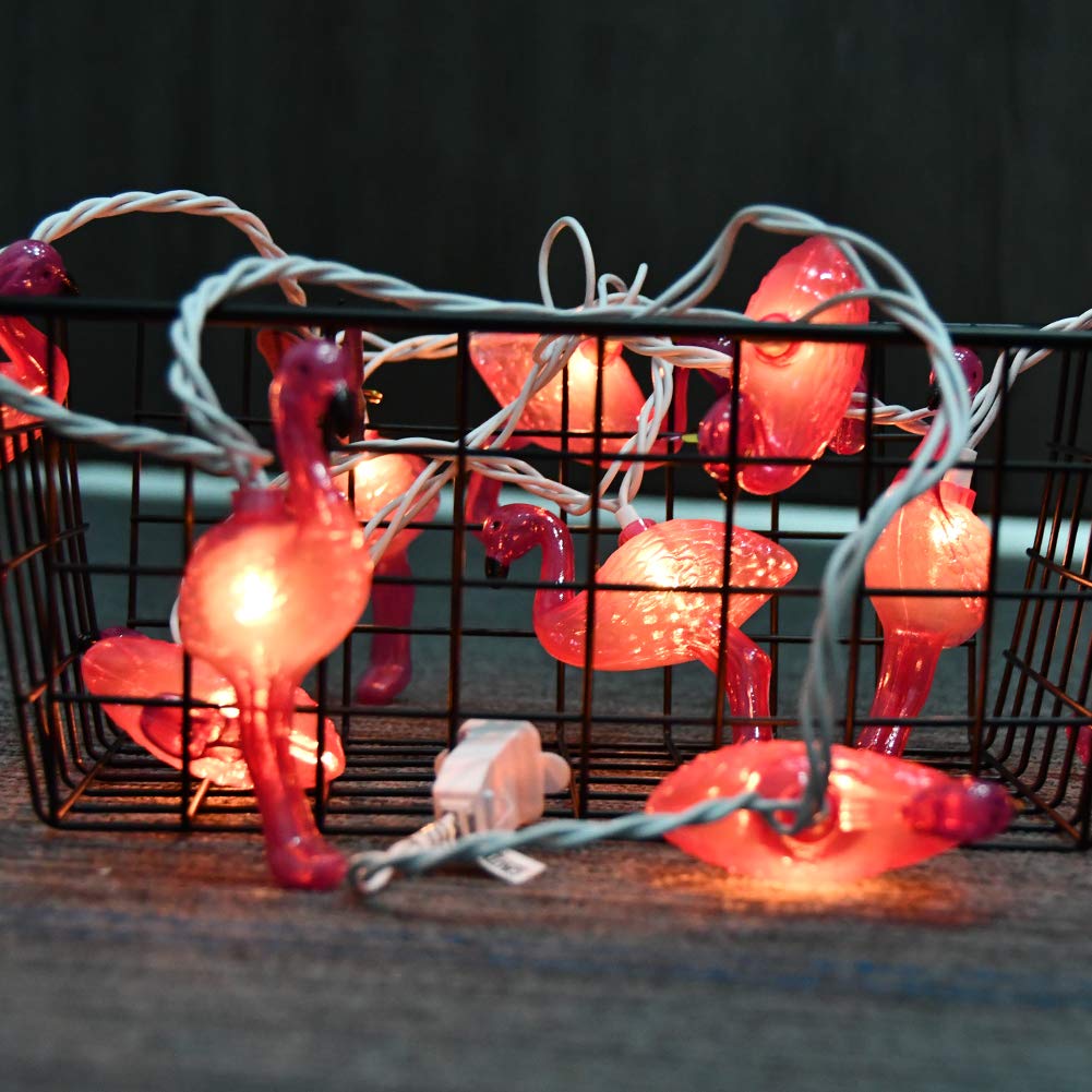 Romasaty Pink Flamingo String Lights With 10 Pink Flamingo Light, Summer Tropic Themed Decor Light For Camp Tent Wedding Holiday Party Garden Bedroom-White