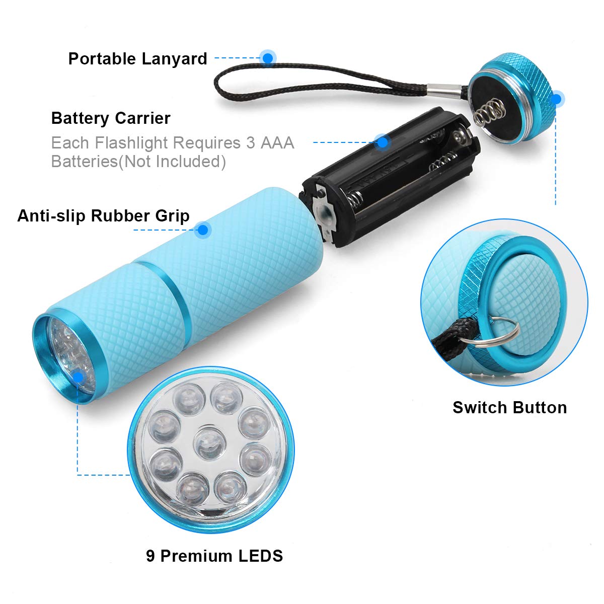 Ahier 9 Led Glow In Dark Flashlights, Rubber Coated Small Flashlights With Straps, Portable Handy Lights For Camping, Hiking, Indoor, Assorted Colors (1 Colors 1 Pcs)