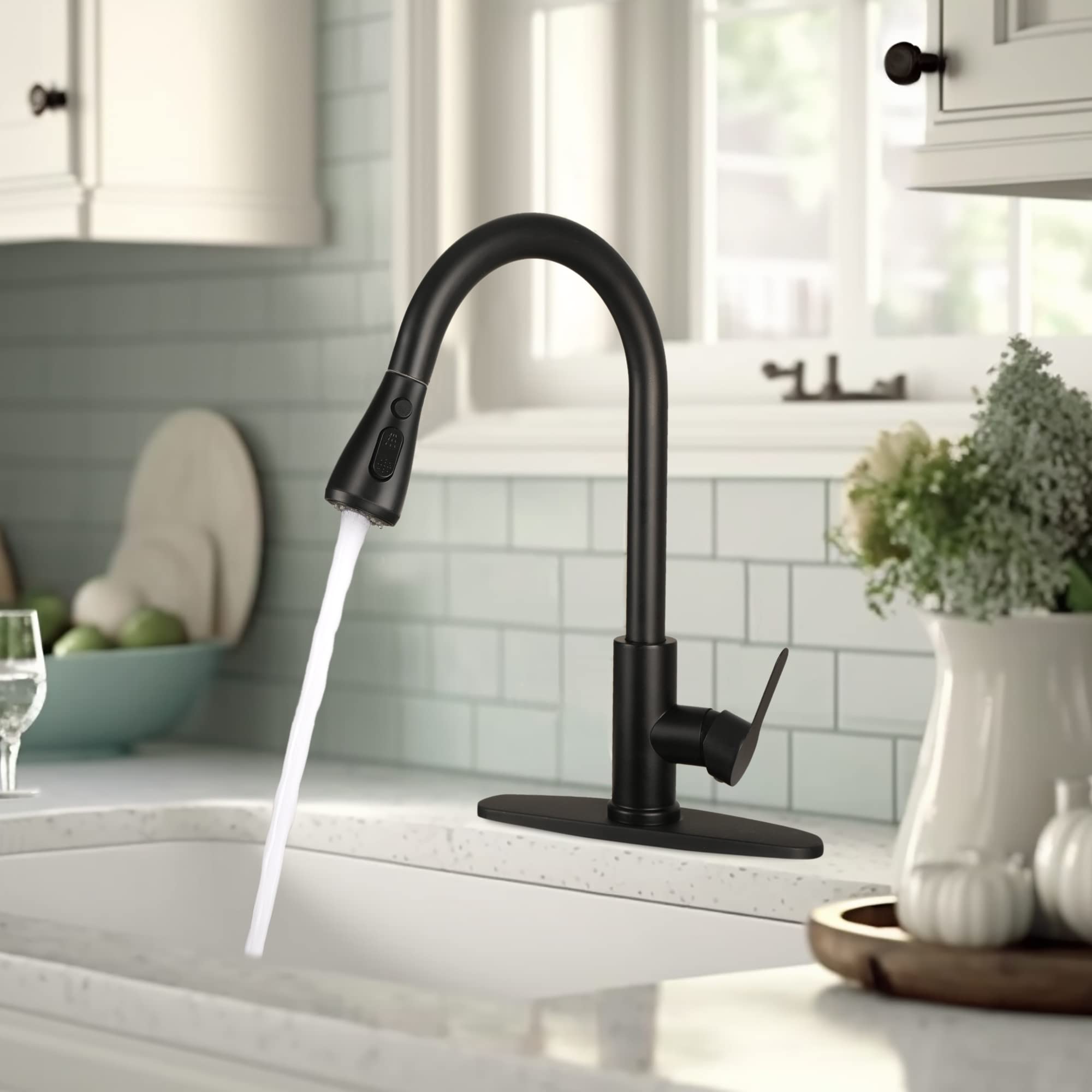 Cilaixi Kitchen Sink Faucet With Pull Down Sprayer With Deck Plate Home Handle Stainless Steel 360 High Arc Swivel Efficient Cleaning Brushed Out Kitchens Tap Faucets (Matte Black)