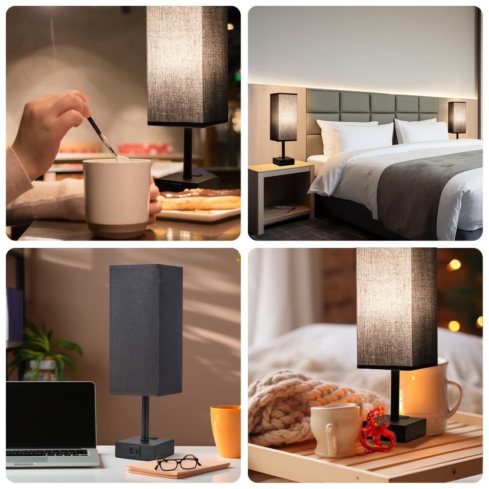 Lifeholder Square Touch Dimmable Usb Lamp With Fabric Shade, Built-In Usb & Type C Ports & Ac Outlet - Bedside Lamp Idea For Bedroom, Black