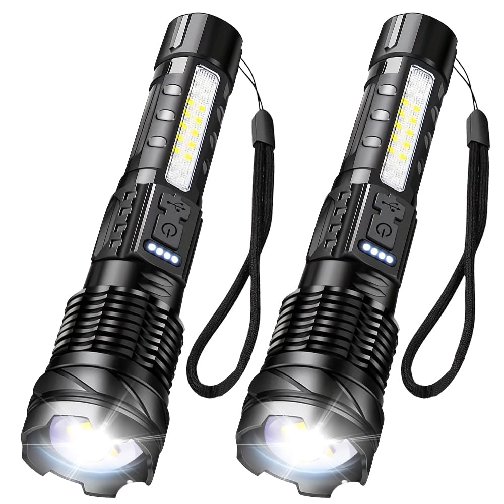 Mviocs 2 Pack Rechargeable Flashlight High Lumens, Powerful Led Flashlight With 7 Modes & Zoomable & Waterproof, Super Bright Flash Light For Home, Camping, Hiking, Emergencies