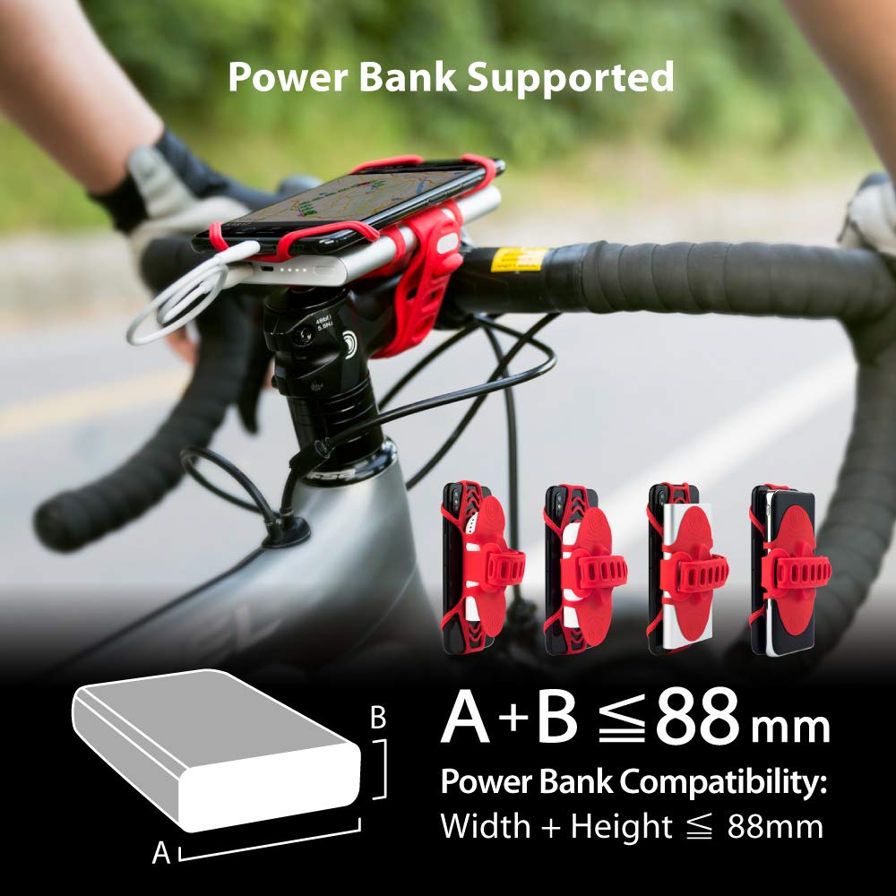 Bone Bike Tie Pro Pack 1, Bike Cell Phone + Charger Mount For Stem, Scratch- Silicone Holder, Universal Cycling Phone + Power Bank Holder Compatible With Most Smartphones (Black - 2-In-1 Mount)