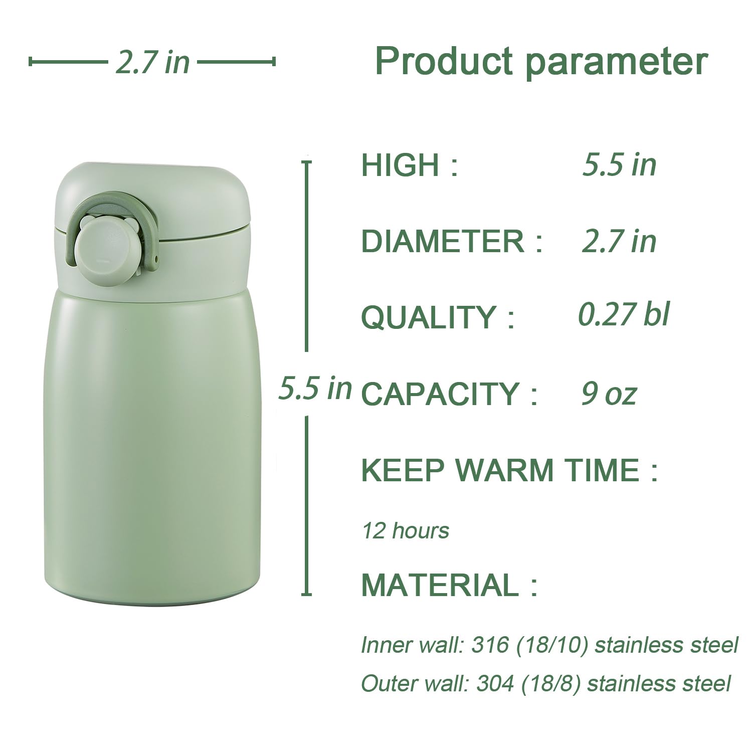 9 Oz Mini Water Bottle Small Stainless Steel Thermoses - Insulated Vacuum, Leak Proof, Keeps Drinks