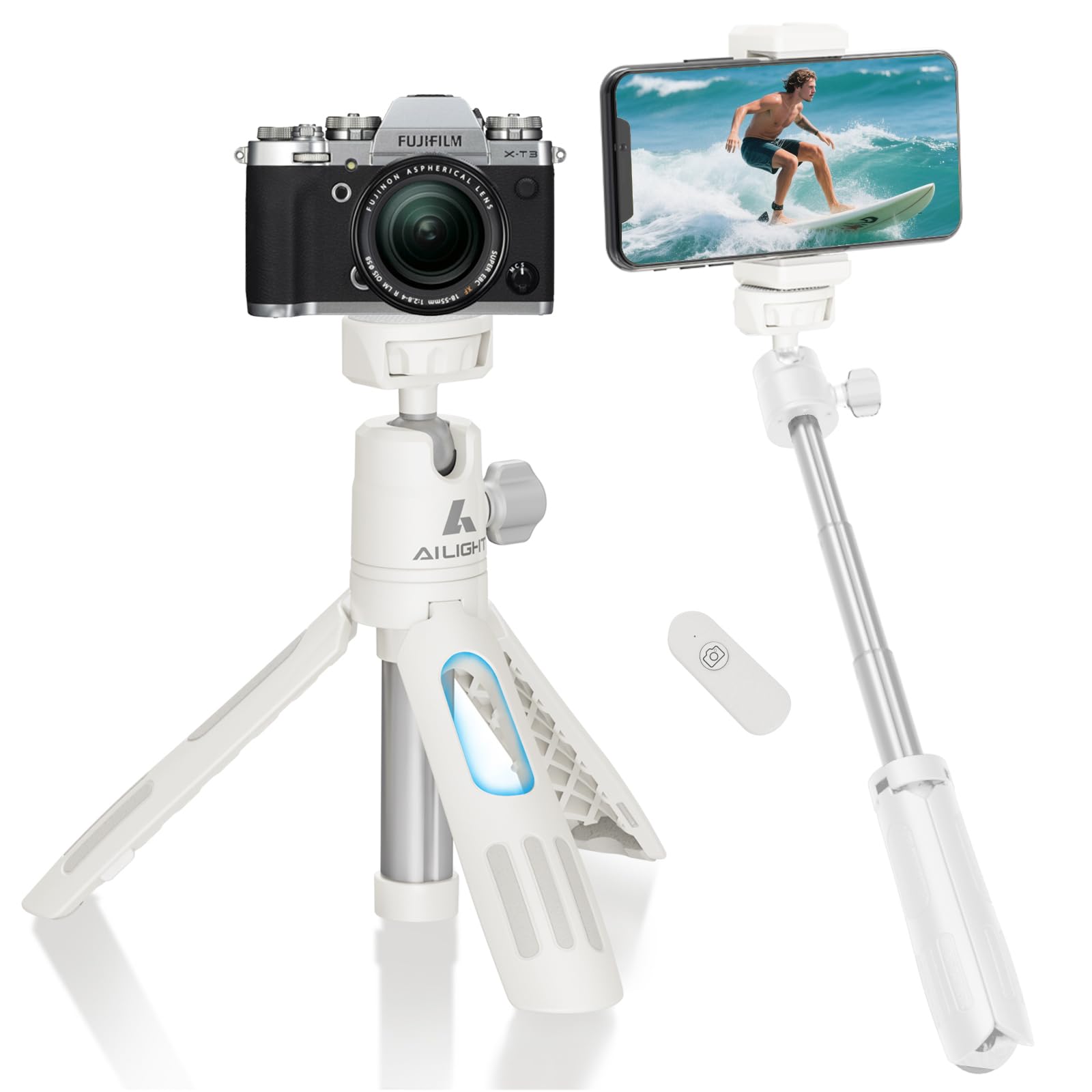 Ailight Extendable Selfie Stick Tripod With Remote,Camera Tripod Stand - 5.3"-15.3" Adjustable 360° Ball Head With Phone Holder Action Camera Adapter,Portable For Vlogging/Live Streaming/Youtube