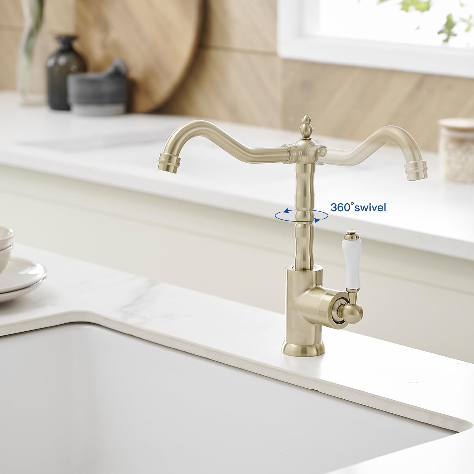 Bathfinesse Gold Kitchen Faucet With Long Curve Spout 360 Swivel, Deck Mount Single Handle Single Hole, Copper Bar Sink Faucet, Mixer Tap