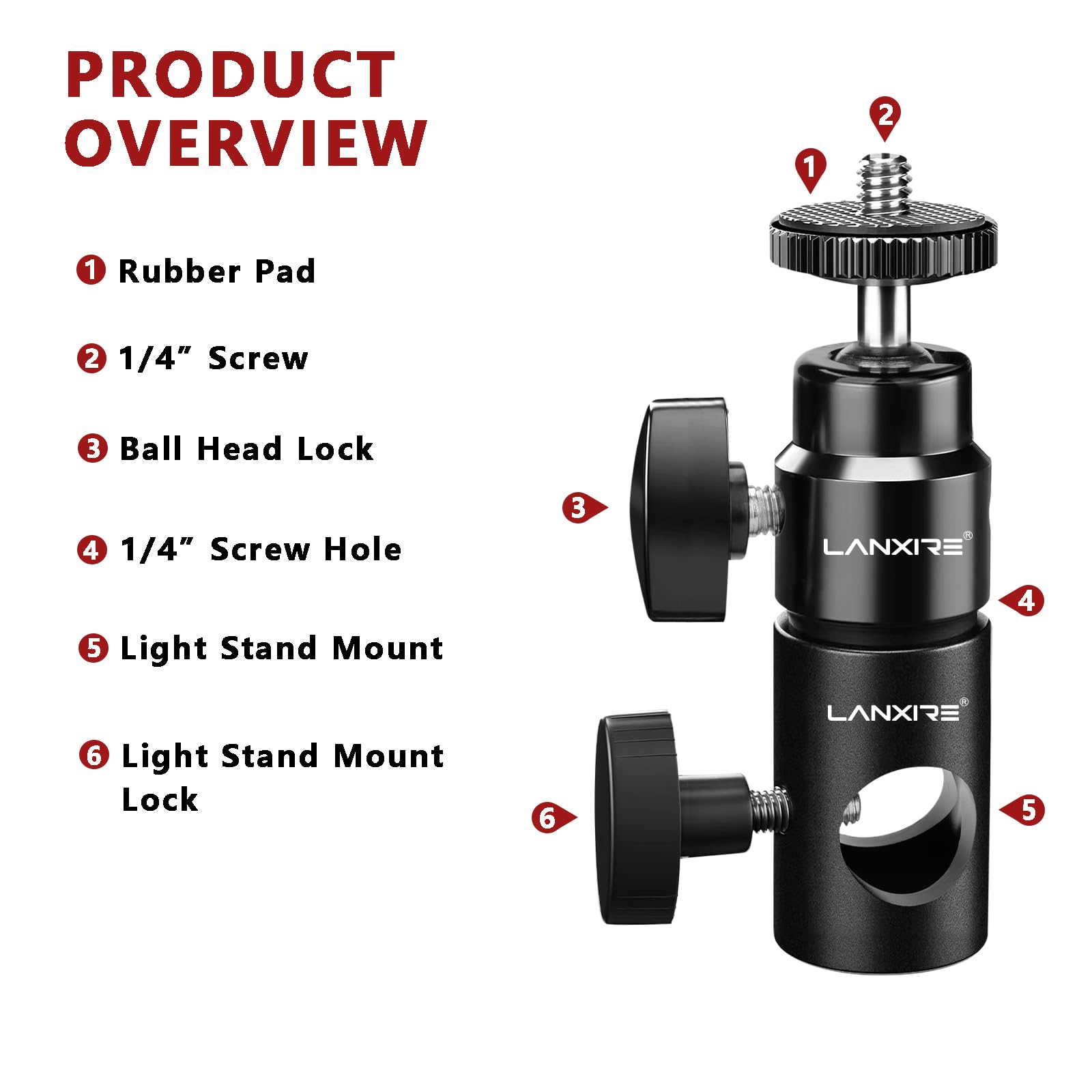 Lanxire Light Stand Mount Adapter With 1/4’’ Screw Mini Ball Head - Compatible With Camera Monitor, Ring Light, Fits Flat Head Light Stand, Boom Arm - Max Load Up To 4.4Lb/2Kg