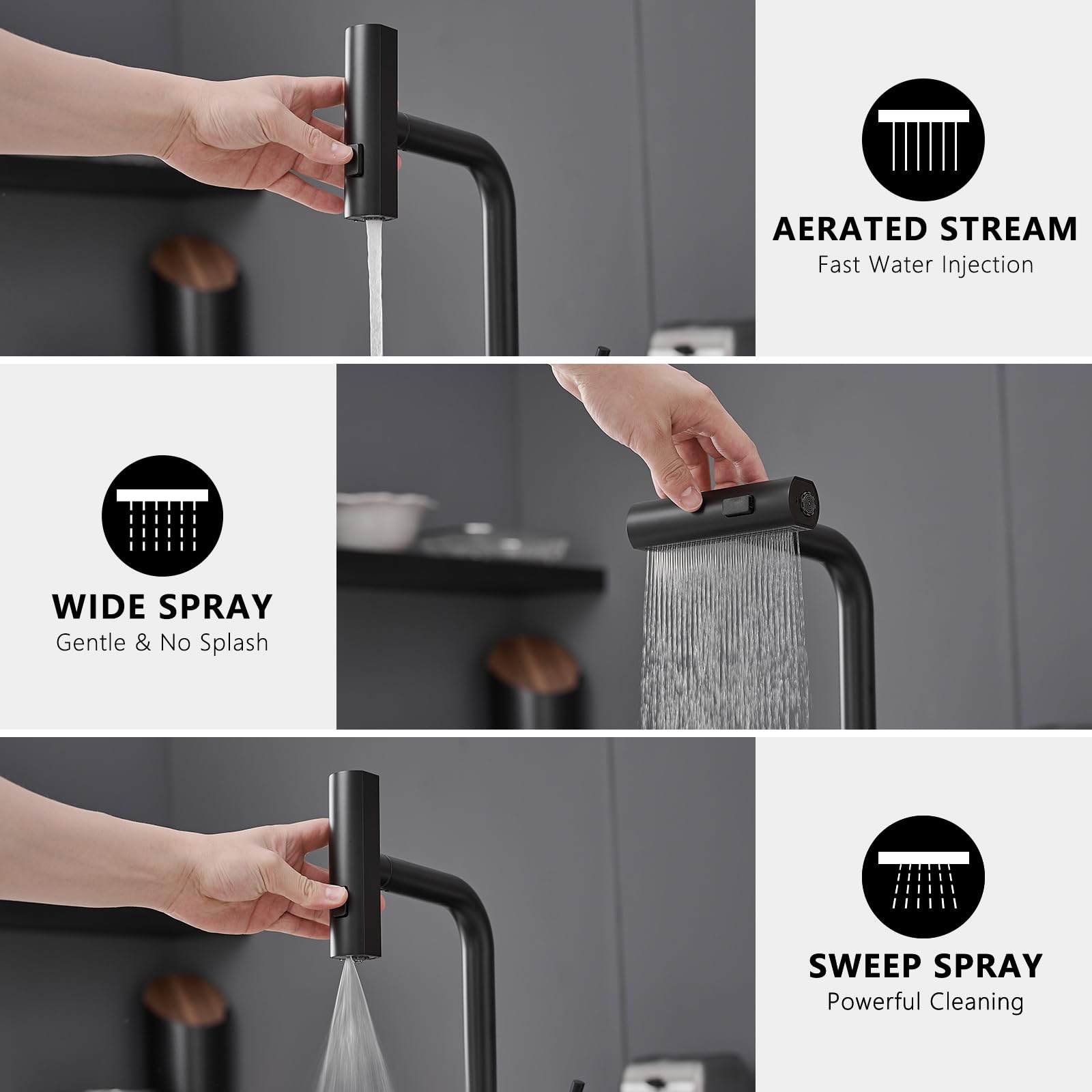 Aimadi Waterfall Kitchen Faucets, Matte Black Kitchen Faucet With Pull Down Sprayer, Modern Single Handle Kitchen Sink Faucet Black, 3-Function Spray
