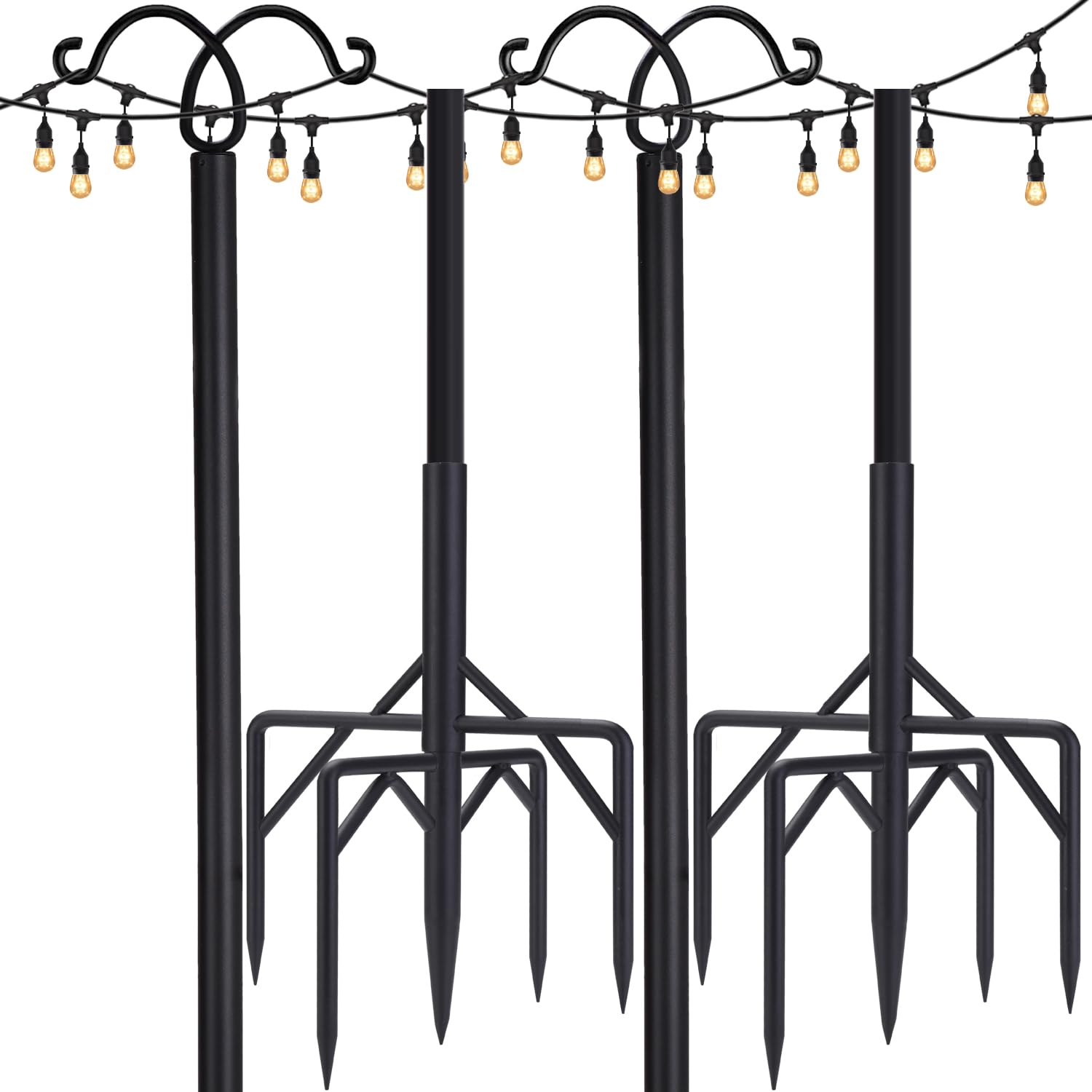 Rinlain Outdoor String Light Pole 2 Pack,110In Height Adjustable Metal Stand Pole With Hooks For Hanging String Lights,Garden,Backyard,Patio Lighting Stand For Parties,Wedding