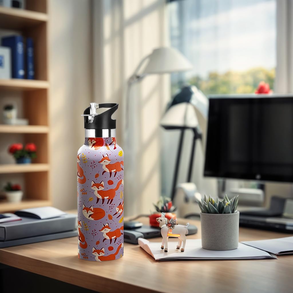 Kids Water Bottle With Straw,Fox Bottle Vacuum Insulated Stainless Steel Travel Mugs Tumbler